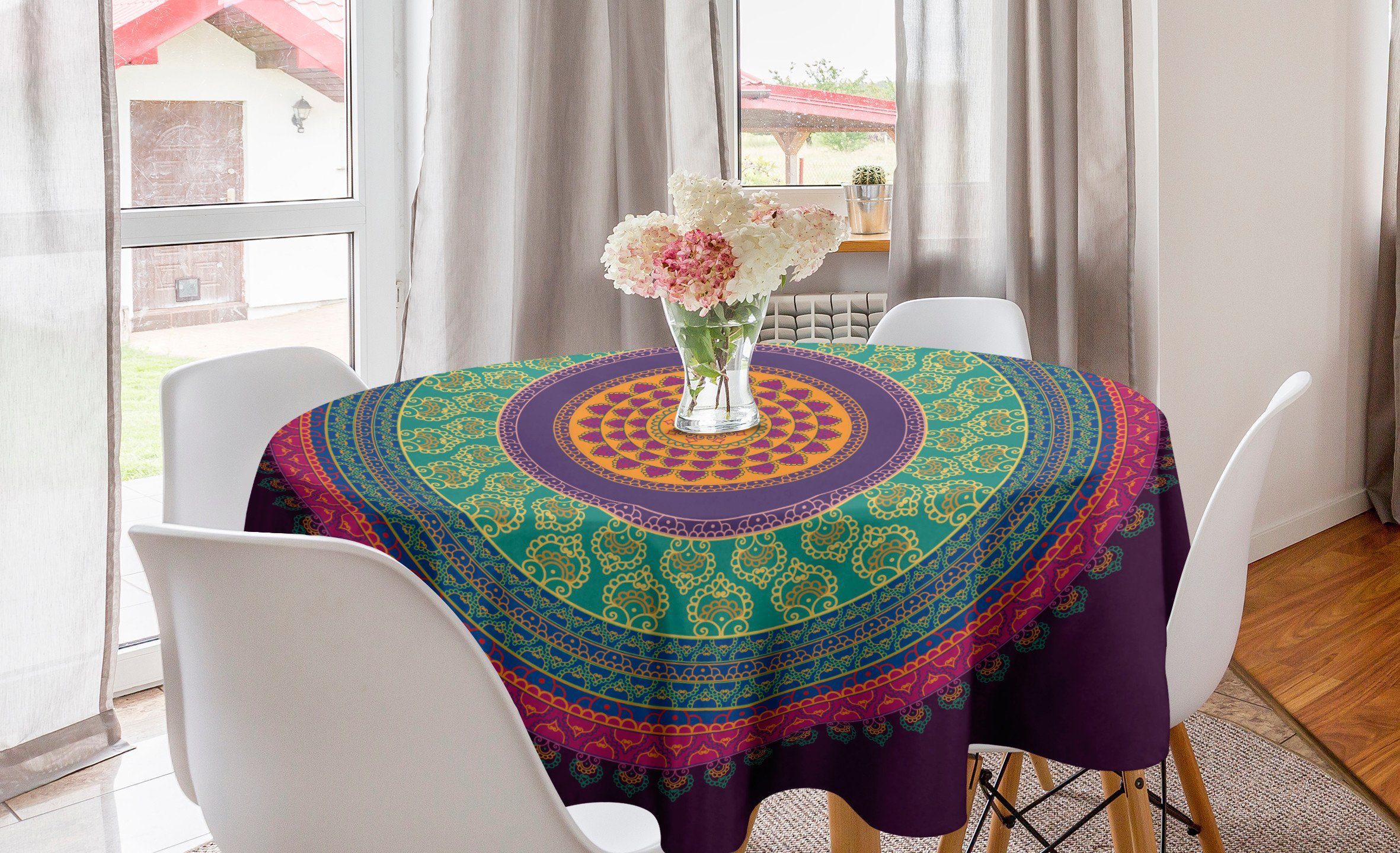 Abakuhaus Tischdecke Kreis Tischdecke Abdeckung für Esszimmer Küche Dekoration, Mandala Curls und Petals Oriental