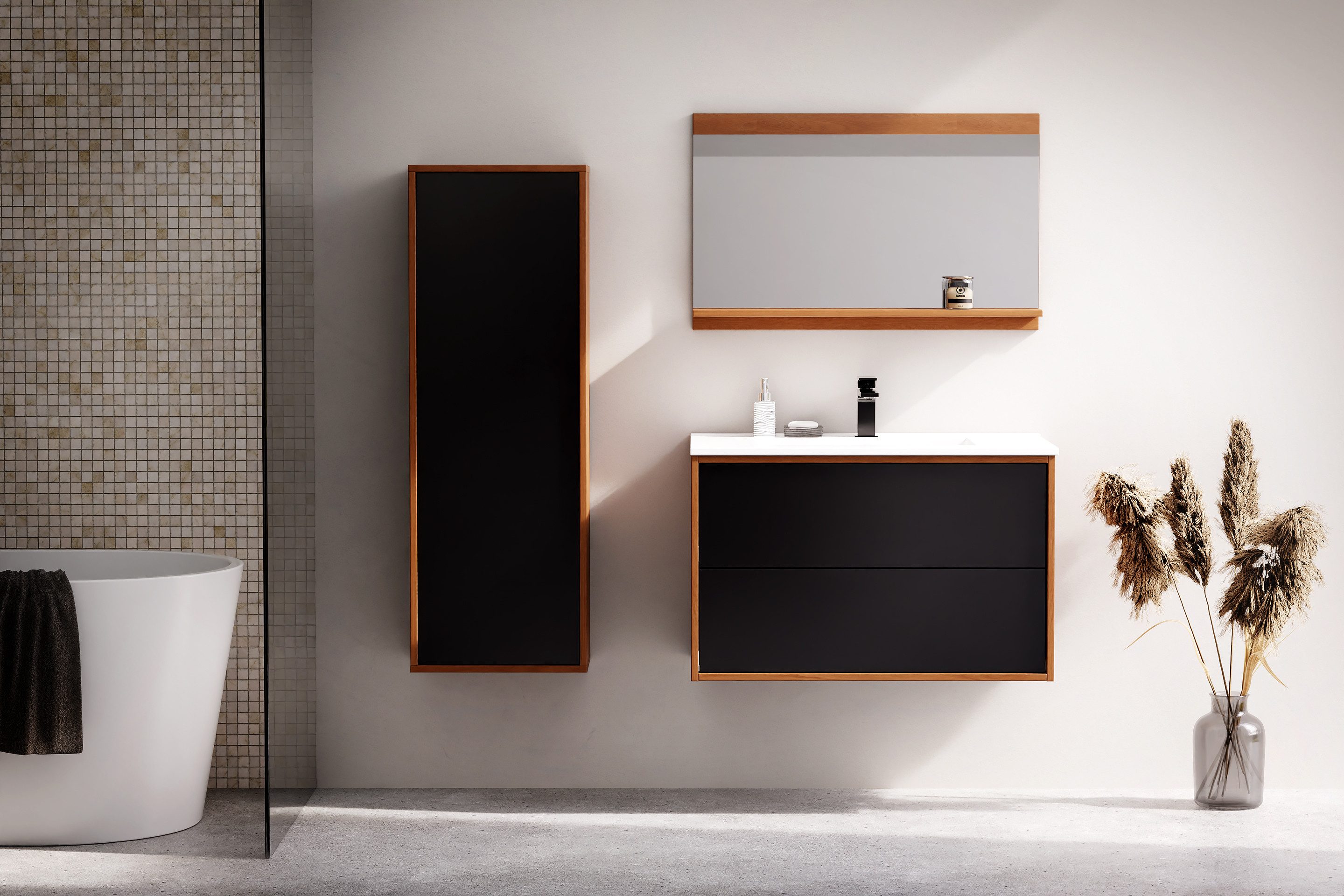 welltime Waschtisch Waschbeckenunterschrank Line mit Waschbecken,Badmöbel,zwei Schubladen, Badschrank mit Waschbecken, Push to open, Maße B/H/T: 61/53/47 cm