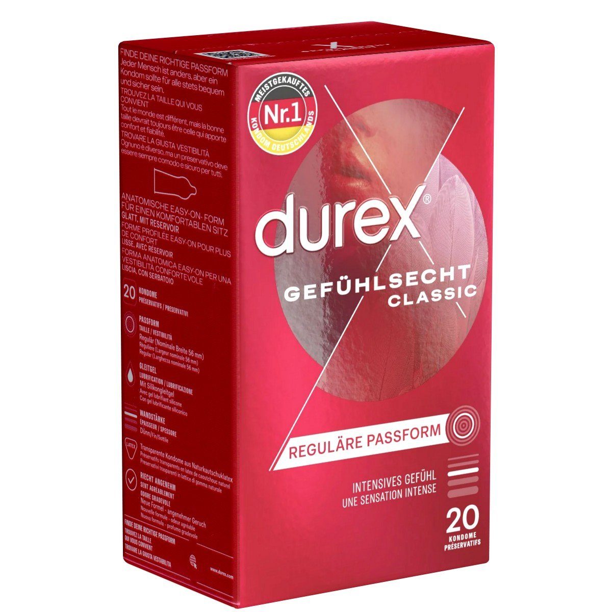 durex Kondome Gefühlsecht Classic Packung mit, 20 St., Transparent-Kondome, hauchzarte Markenkondome mit Easy-On™-Passform