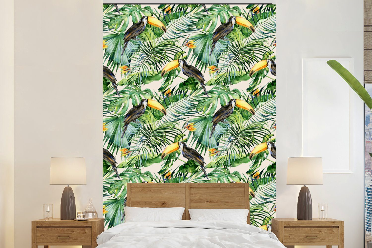 MuchoWow Fototapete Paradiesvogelpflanze - Tukan - Vogel, Matt, bedruckt, (3 St), Montagefertig Vinyl Tapete für Wohnzimmer, Wandtapete | Fototapeten