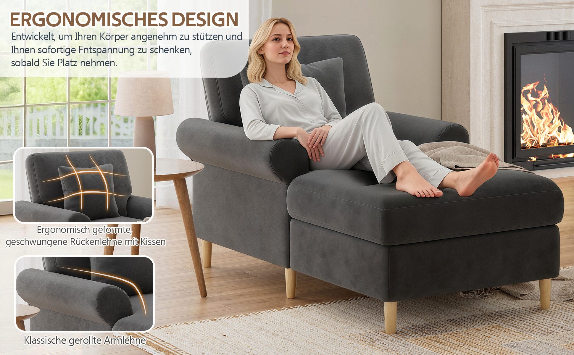 i@home Relaxsessel Gepolsterter Relaxsessel (Relaxsessel mit Hocker), Samt Gepolsterter Relaxsessel, extra groß, bequemer Lesesessel