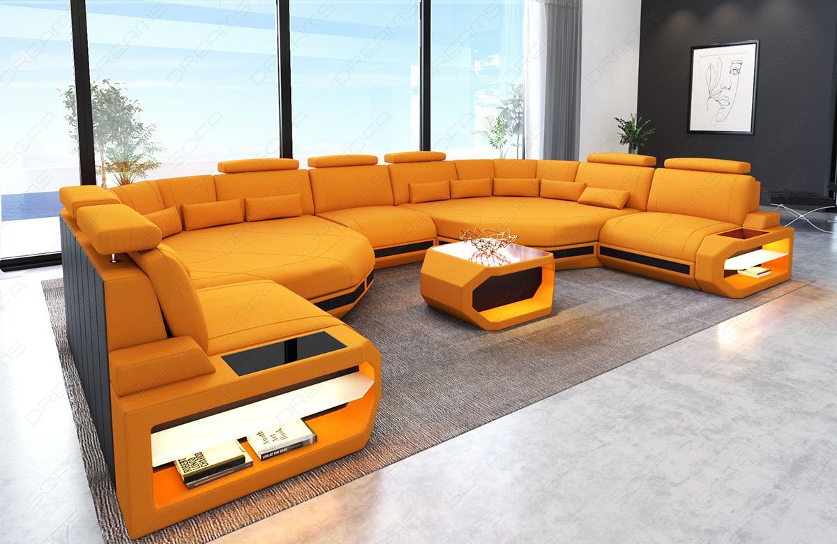 Sofa Dreams Wohnlandschaft Stoff Polster Sofa Couch Asti, XXL U Form  Stoffsofa mit LED, USB-Anschluss, Designersofa