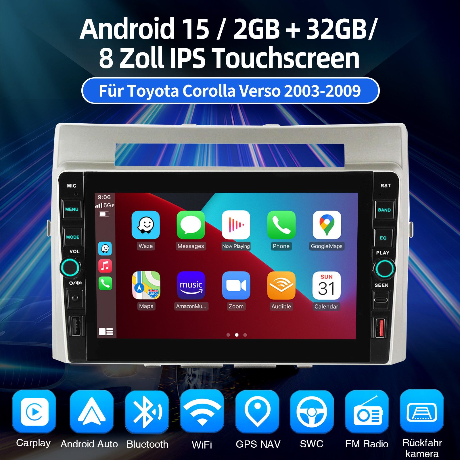 ESSGOO Android15 Autoradio Carplay Für Toyota Corolla Verso 2003-2009 GPS USB Autoradio (RDS, 4+64GB(optional), Digitalradio (DAB), FM, SWC, Apple Carplay Android Auto GPS Navi WIFI BT EQ Mit USB- und Type-C)