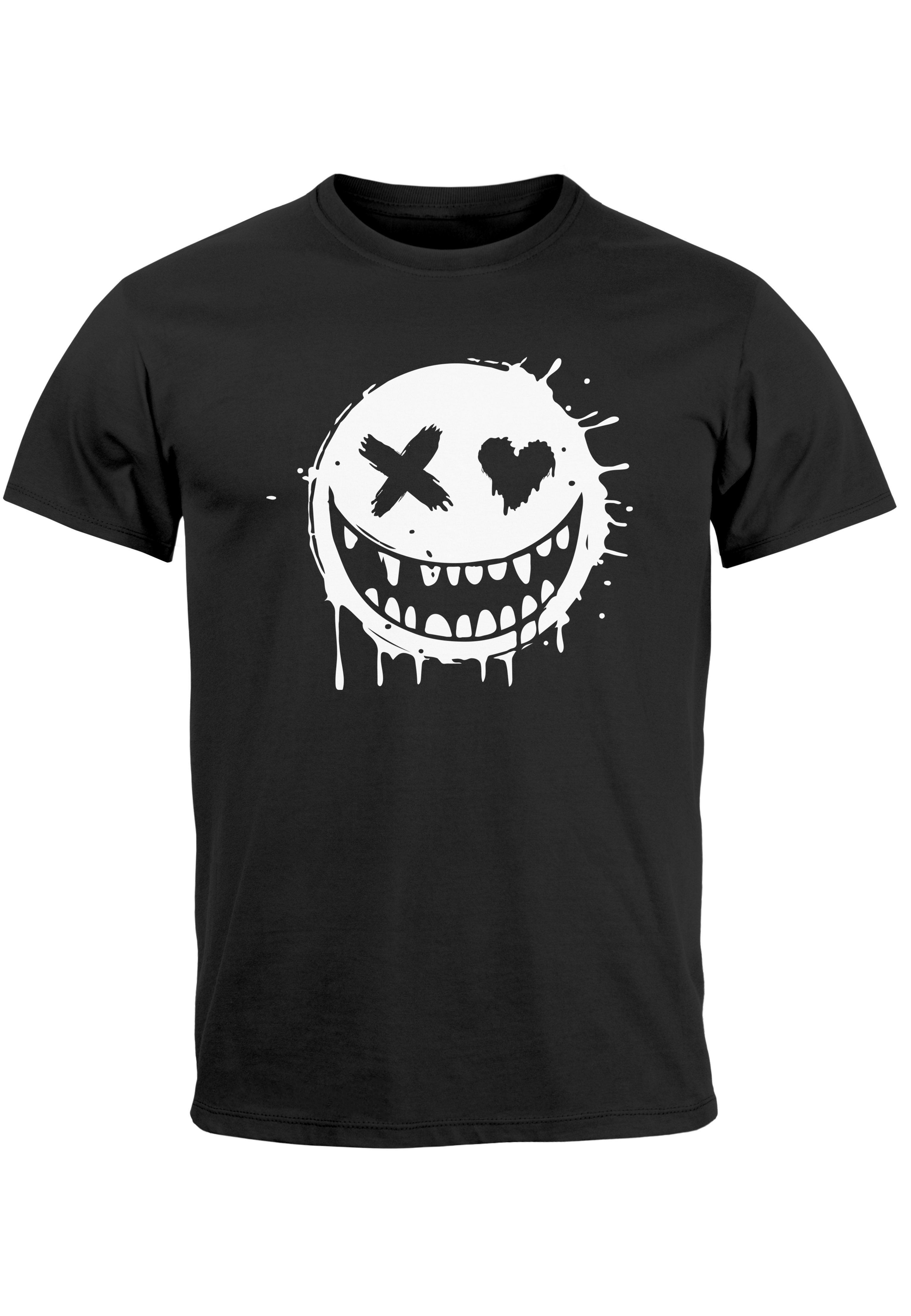 Print Aufdruck Neverless mit Print Drip schwarz Face Print-Shirt Motiv Herren Fashi Printshirt T-Shirt Smiling