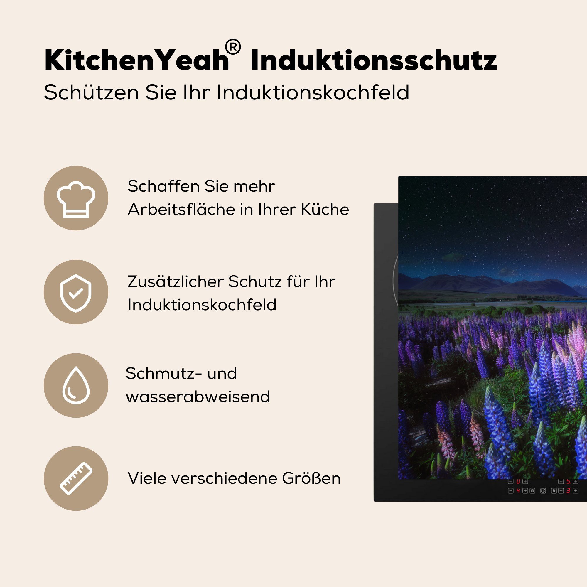 Ceranfeldabdeckung - Lila Nacht - Vinyl, Induktionskochfeld - Natur, (1 Blumen Herdblende-/Abdeckplatte Lupine Sternenhimmel küche, tlg), die 81x52 - Schutz für cm, MuchoWow -