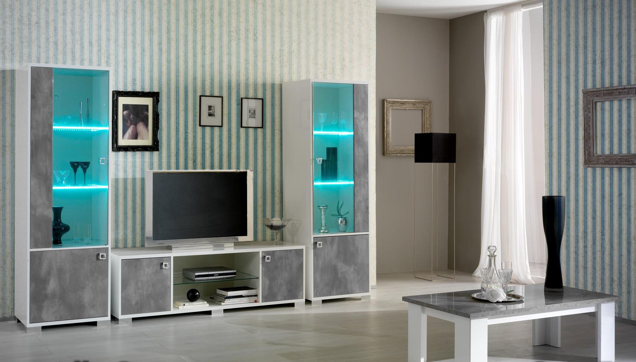 Xlmoebel Wohnzimmer-Set Wohnwand mit Doppelvitrine und TV-Tisch aus Glas, Made in Europa