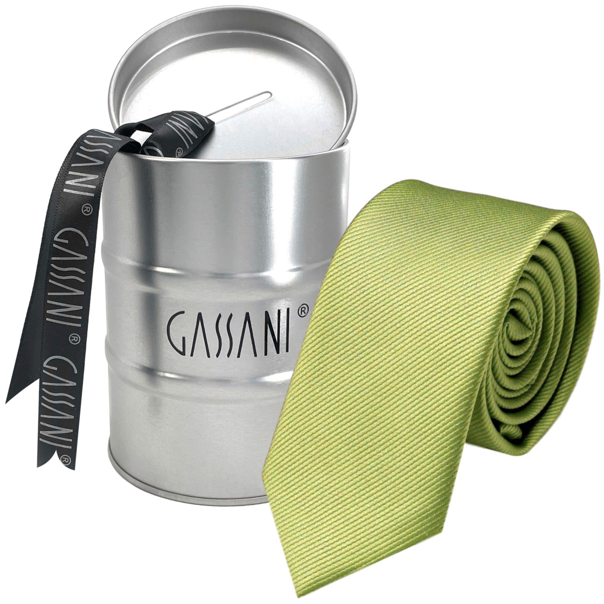 GASSANI Krawatte Schmale Männer Slim-Fit Gestreifte Uni Rips Rippen Herren-Krawatte (set, 1-St., Feine Streifen, Business-Krawatte, mit Geschenkverpackung) Männer-Schlips In Geschenk-Box Dose Blech-Spardose, Seide-Touch