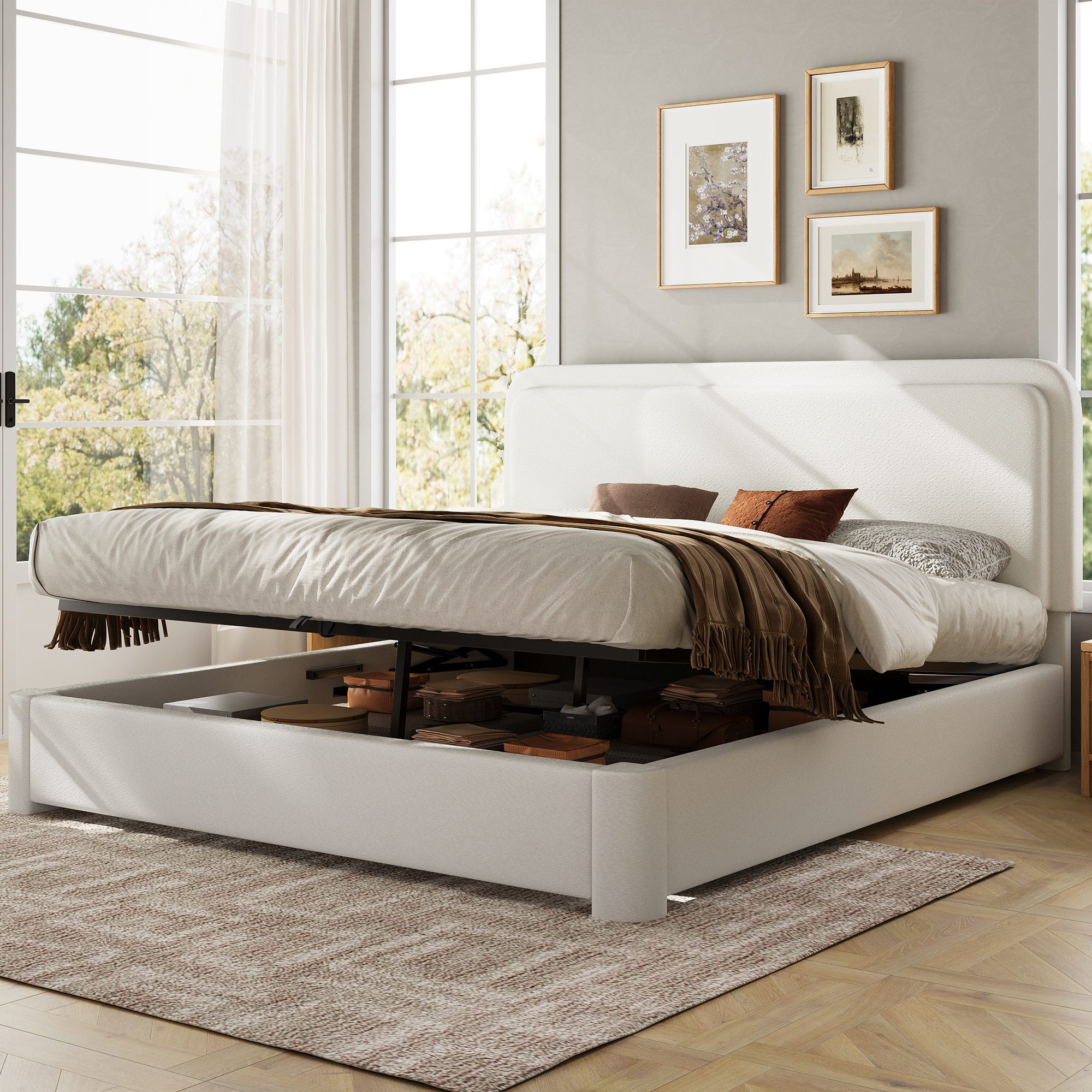 HAUSS SPOLE Polsterbett 160×200 Doppelbett mit Bettkasten,Funktionsbett aus Bouclé,Weiß (Hydraulikbett mit Bettkasten,Bouclé-Bett mit verstellbarem Kopfteil, ohne Matratze), Funktionsbett mit abgerundeten Ecken am Kopf- und Fußende des Bettes