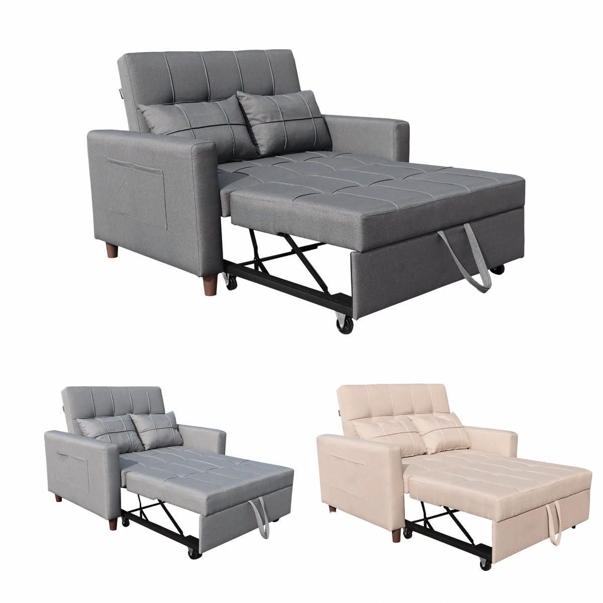 AMBINESS Schlafsofa 3in1, Einsitzer oder Zweisitzer, Sofa, Chaise Longue und Gästebett, 3 Farben, Liegefläche 200cm, 220g/m² Leinenstoff