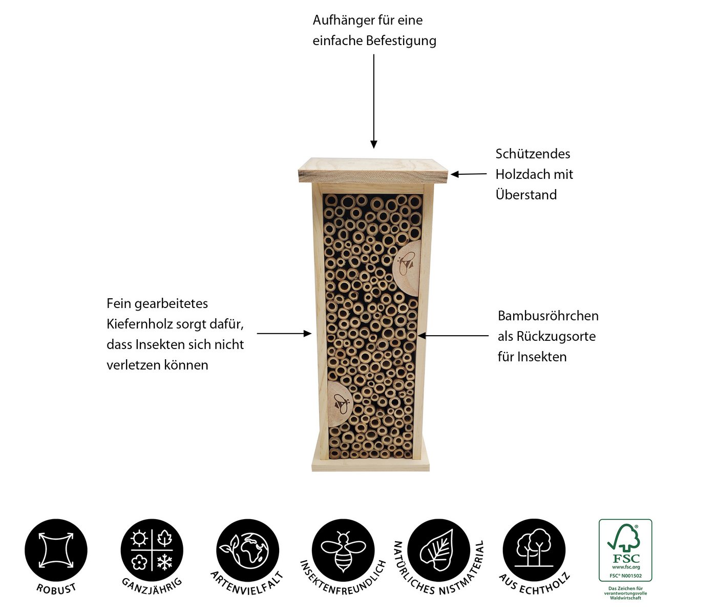 Thumbnail - Dehner Insektenhotel Natura Premium Felica für Wildbienen, 14 x 35.5 x 11.5 cm, aus FSC®-zertifiziertem Kiefernholz
