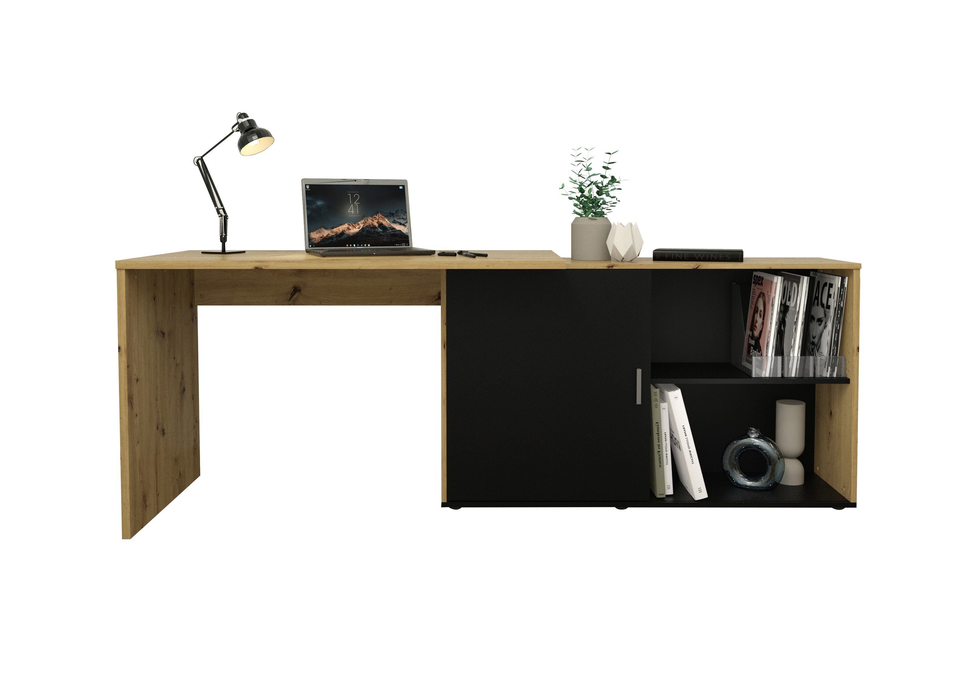 FMD Möbel Eckschreibtisch in Artisan Oak / schwarz perl mit einer Tür und 2 Einlegeböden (BxHxT: 118x75x60,5 cm)