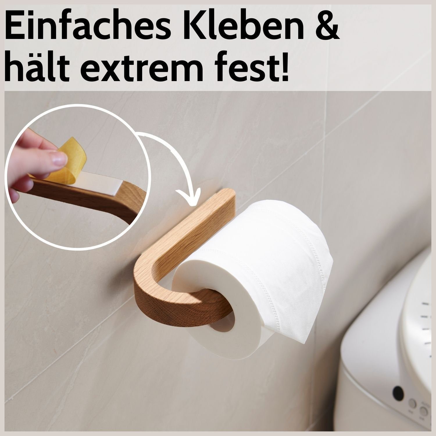 DEKAZIA Toilettenpapierhalter ohne Bohren Selbstklebender Klorollenhalter Holz aus Deutschland (inkl. 2 Klebestreifen, Stilvolles Design für Bad, WC, Gäste Toil – Bild 2 von 5