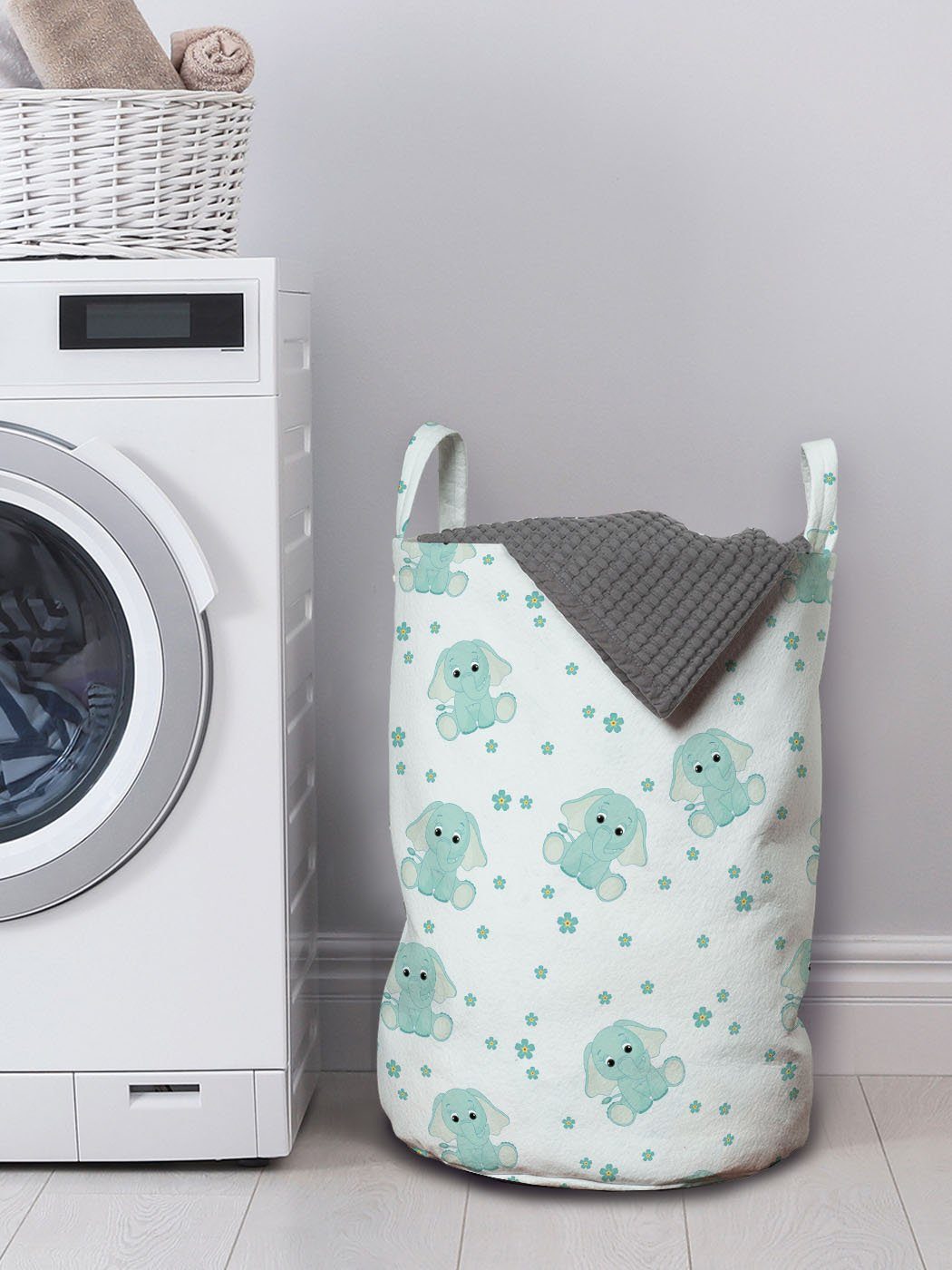 Wäschekorb Baby für Waschsalons, mit Elefant Wäschesäckchen Charaktere Griffen Daisy Kordelzugverschluss Abakuhaus