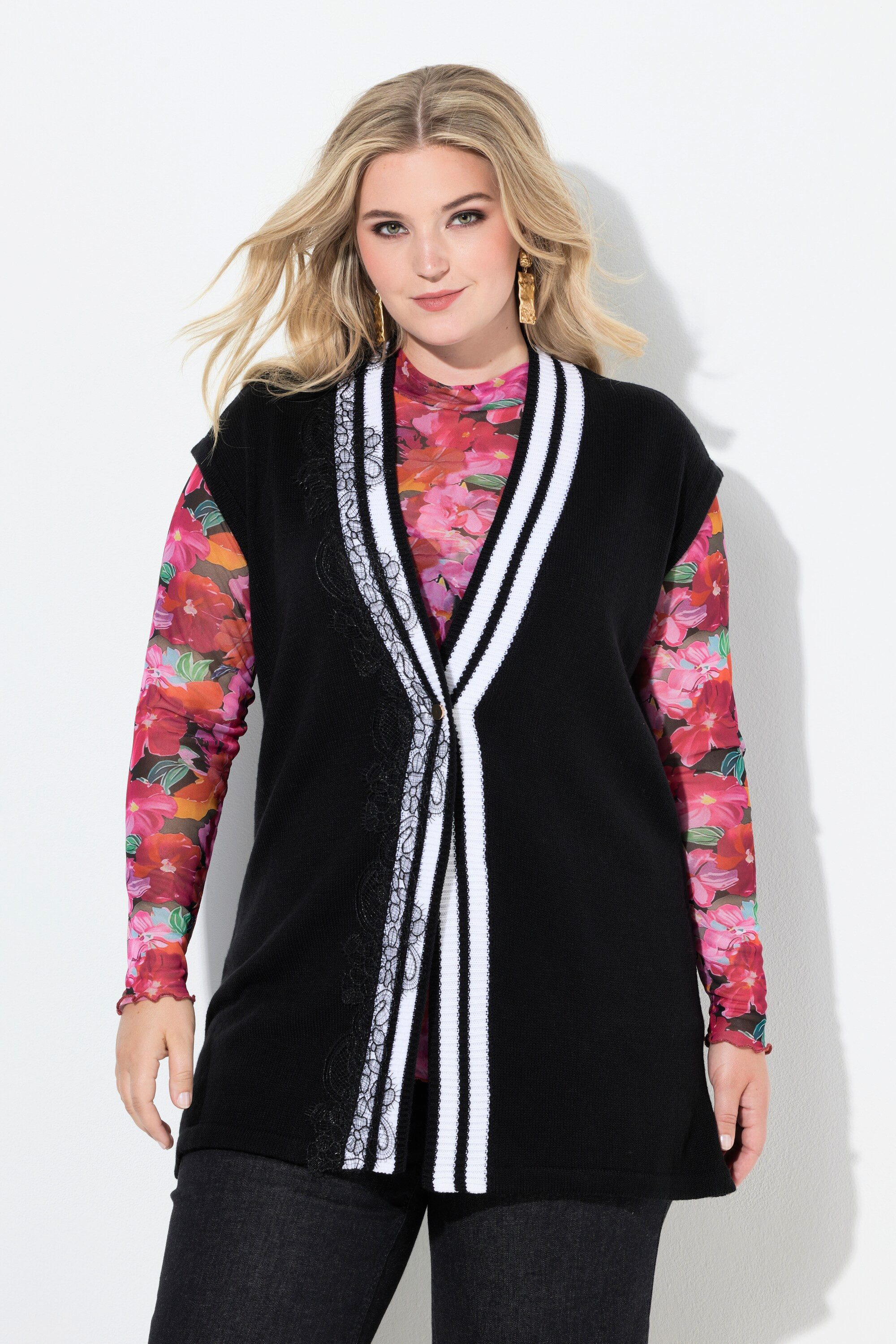 MIAMODA Strickjacke Strickweste Straight Fit Spitzenband und Streifen