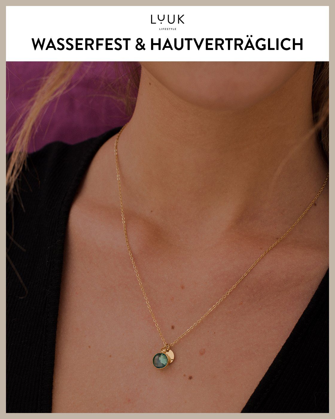 LUUK LIFESTYLE mit Länge femininer verstellbare 50 minimalistischem Gold mit Modeaccessoire Glaskristall schlichter, cm, hellblauer Glücksbringer, blauer Kette Anhänger Damenkette, Anhänger, Design, filigrane Stil, Kristall