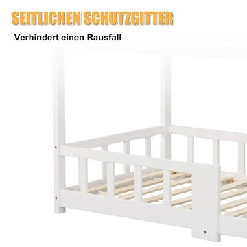 Flieks Kinderbett, Kiefernholz Hausbett mit Tafel und Rausfallschutz 90x200cm