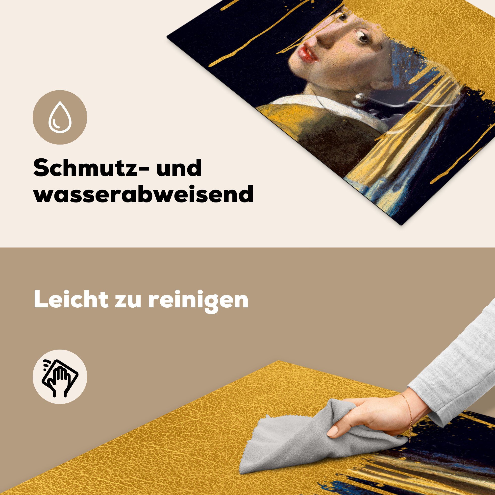 MuchoWow Perlenohrring Schutz - Vermeer Gold, die Herdblende-/Abdeckplatte Mädchen Vinyl, Induktionskochfeld mit für küche, 71x52 tlg), - cm, Ceranfeldabdeckung (1