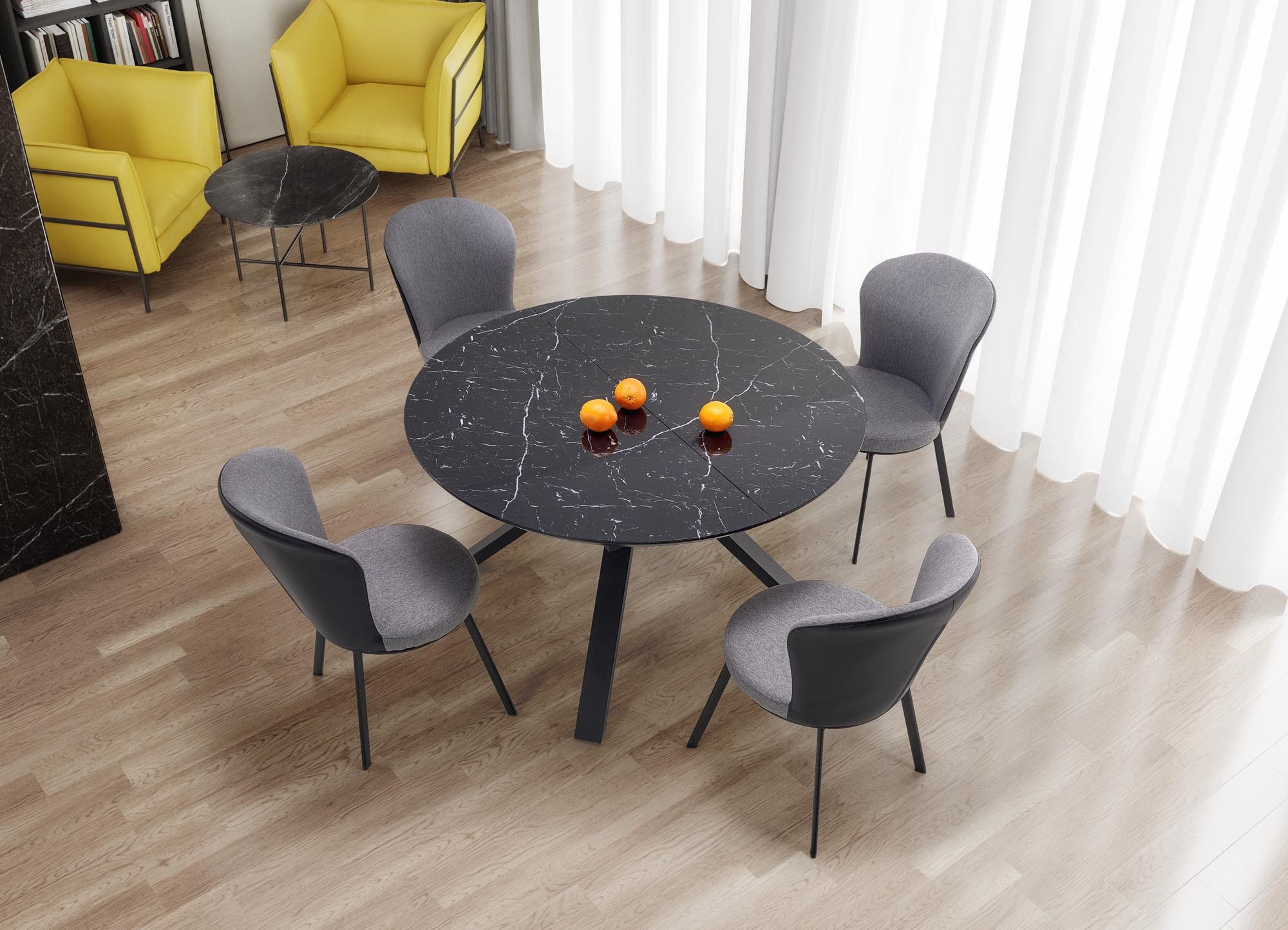 designimpex Esstisch Design HA-500 rund Glasplatte Marmor Schwarz ausziehbar Glas