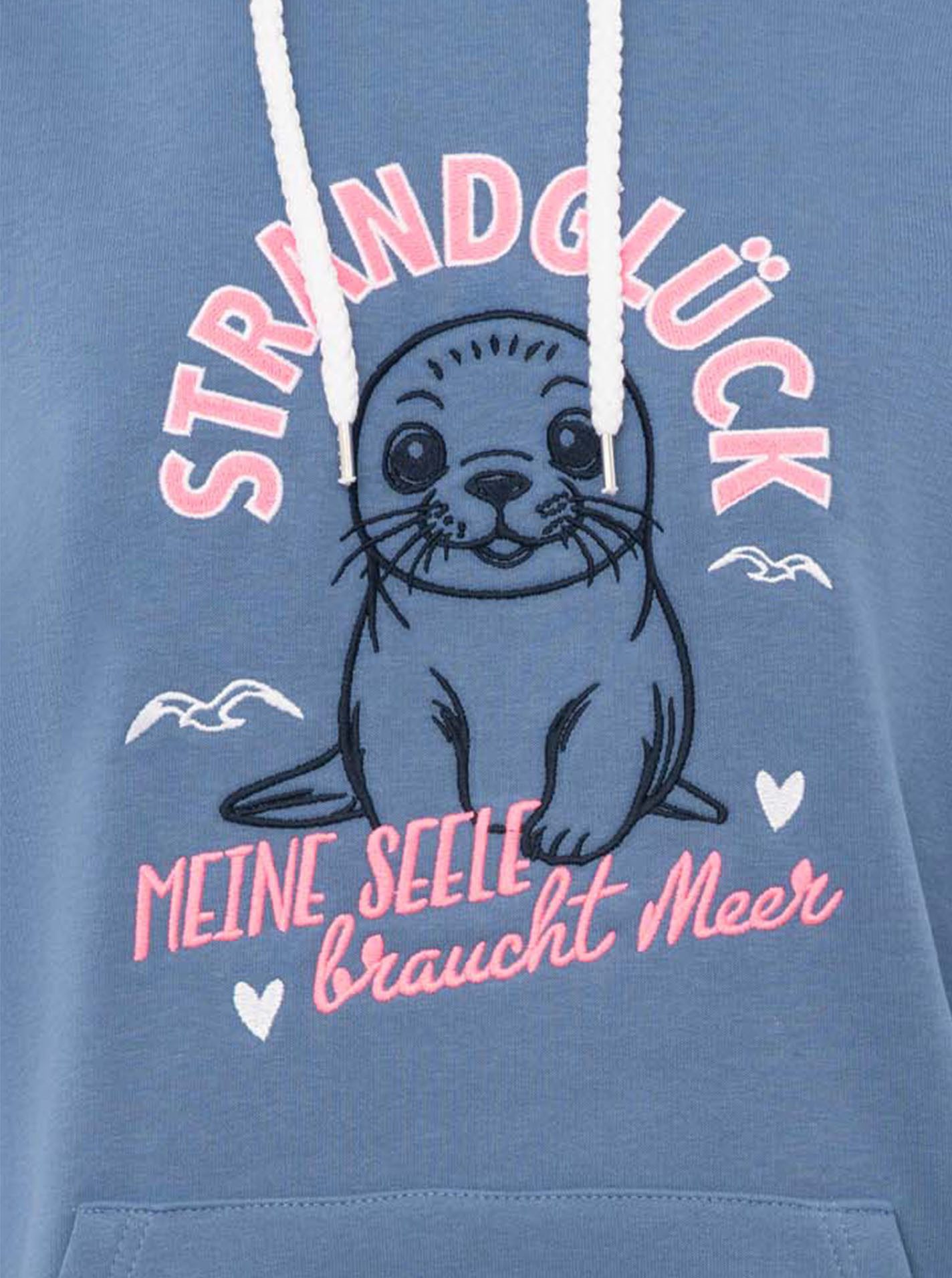 Zwillingsherz Hoodie "Seerobbe" Strandglück Schriftzug, niedliche Robbe. gestreifte Bündchen – Bild 5 von 5