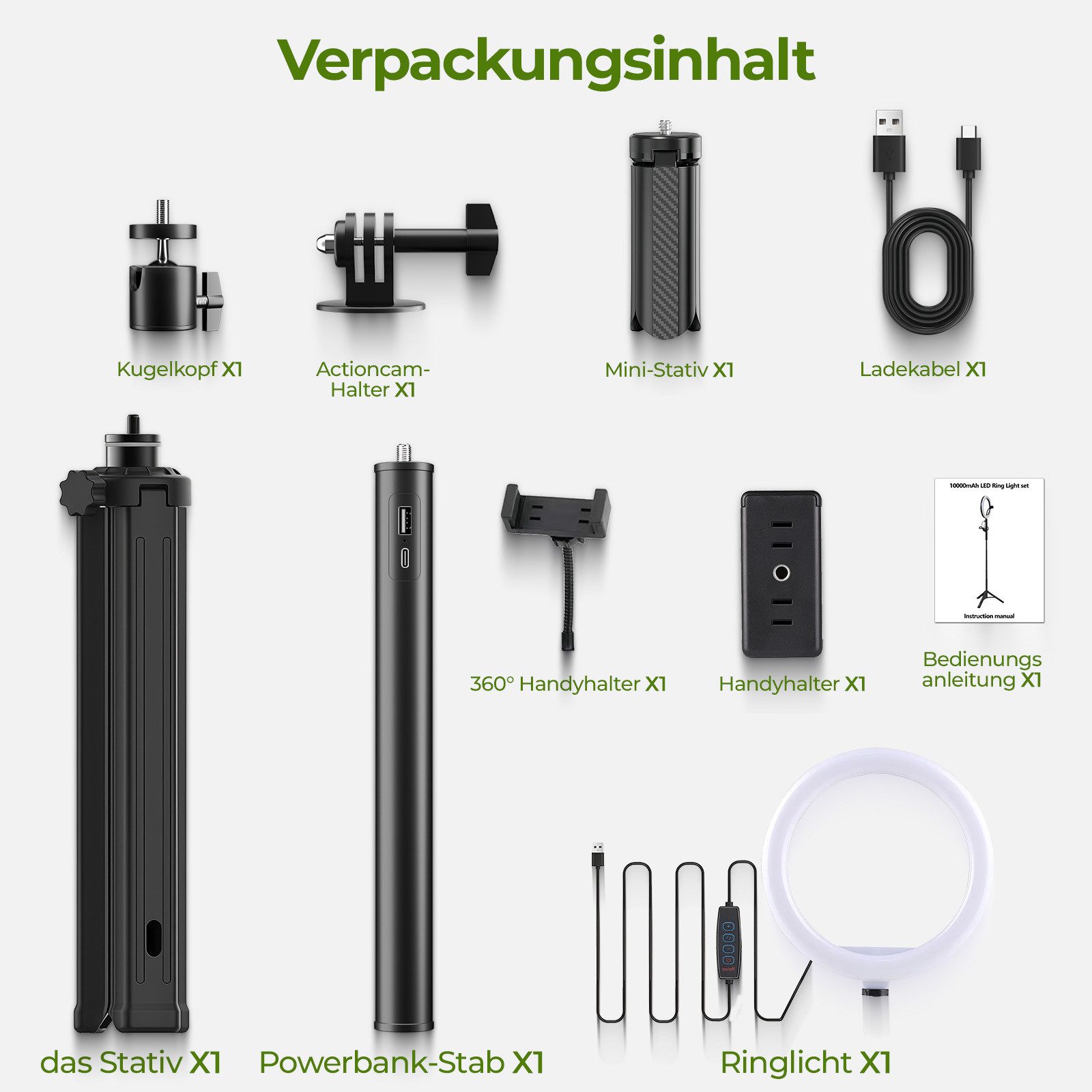 Rhein Beleuchtung Ringlicht LED Ringlicht mit Stativ 178 cm & Selfie Stick 10 Zoll, 10000mAh Akku, 3 Lichtfarben, 10 Helligkeitsstufen, 360° drehbar