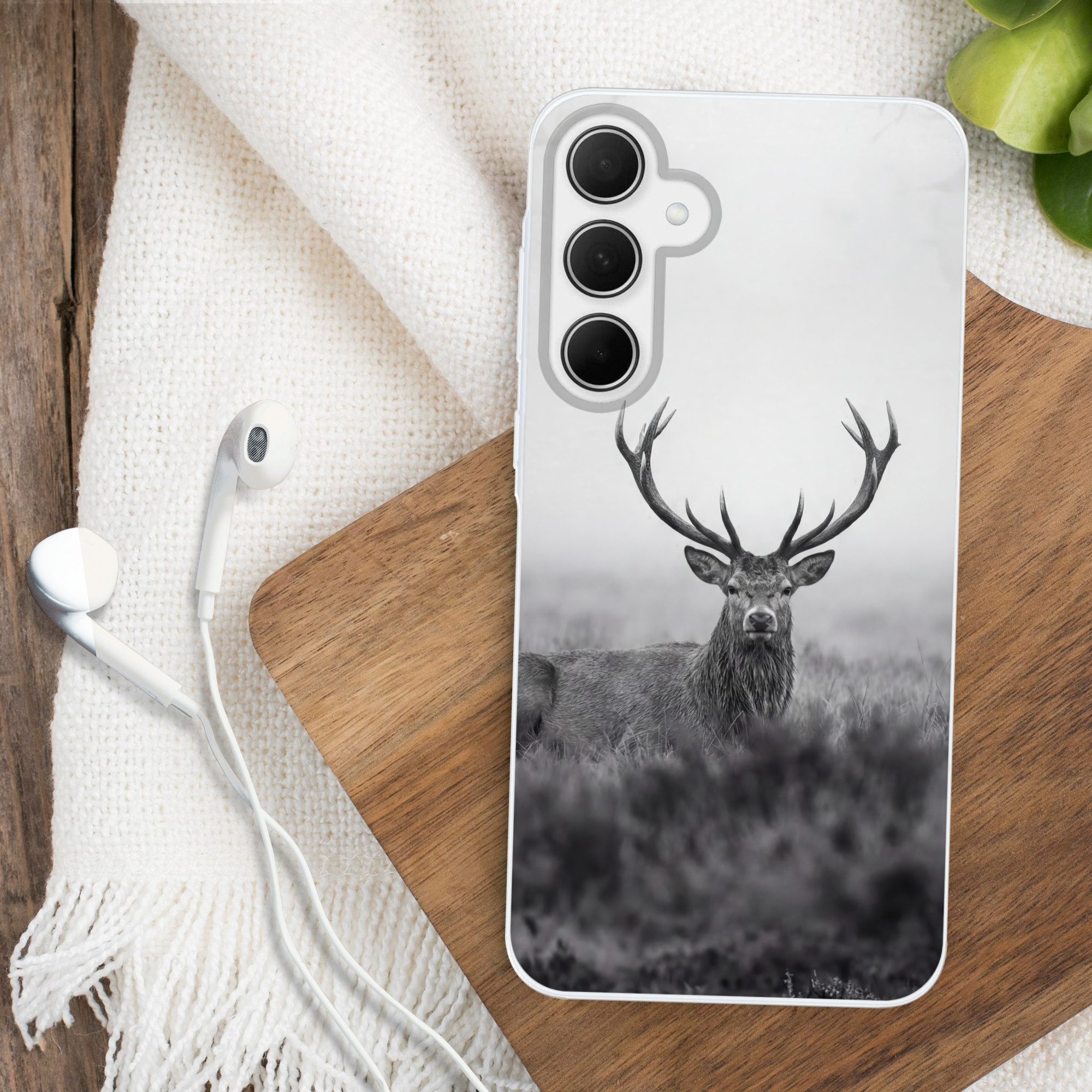 MuchoWow Handyhülle für Samsung Galaxy A35 5G Hirsch - Neblig - Schwarz - Weiß, Smartphone-Bumper, Print, Handy Schutzhülle Dünn