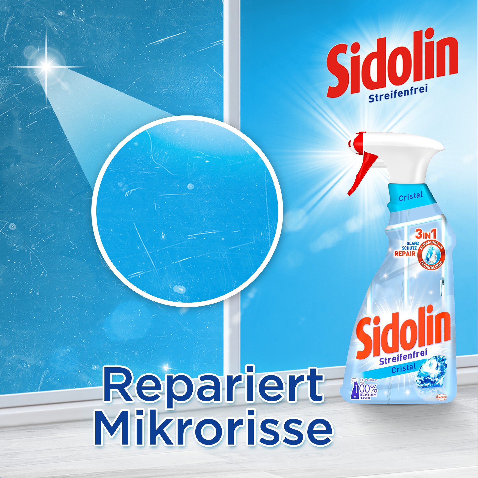 SIDOLIN All in 1 Streifenfrei Cristal 500 ml Glasreiniger (für strahlenden Glanz & gegen Mikrorisse)