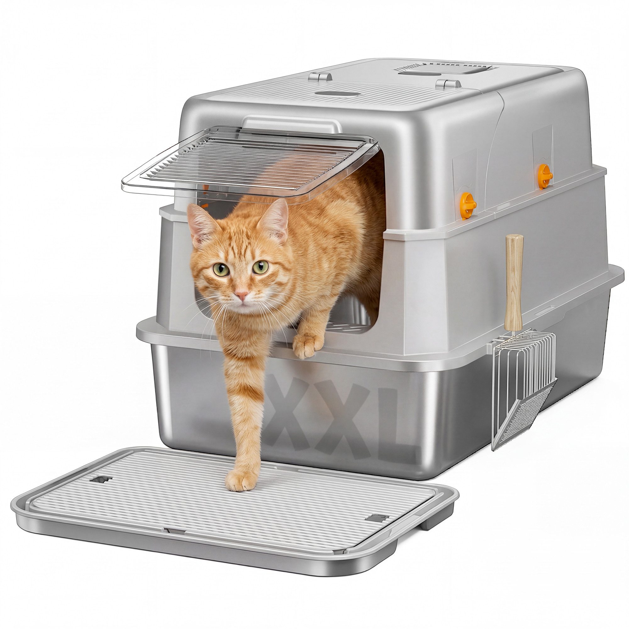 Klyvvo Katzentoilette XXL Edelstahl Katzenklo, 3-in-1 Geschlossenes Katzentoilette, mit Deckel, Aktivkohlefilter & Klappdeckel, Metallschaufel & Matte von Klyvvo