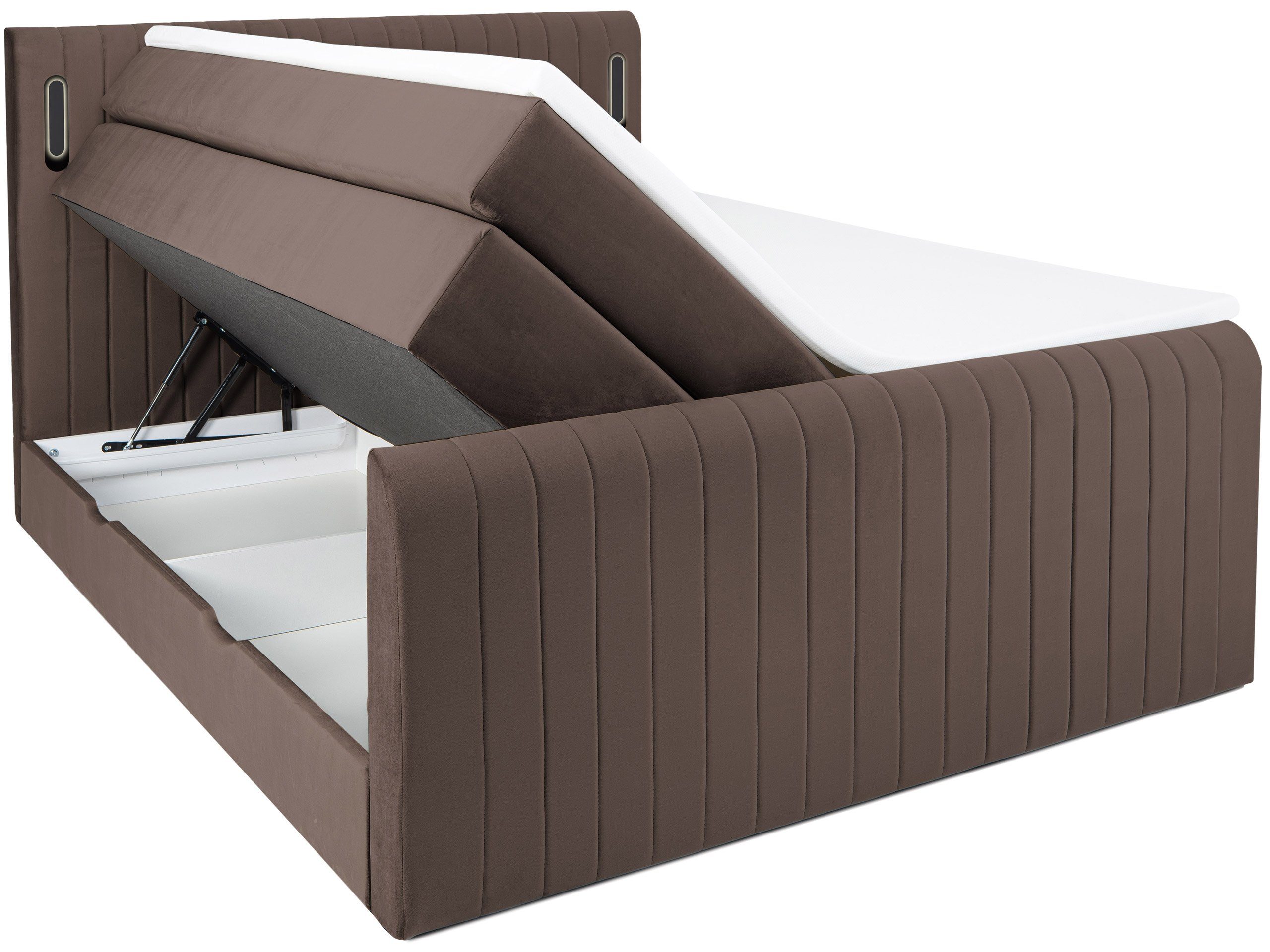 FLY, Boxspringbett und braun mit wonello inklusive Bettkasten Topper LED-Beleuchtung,