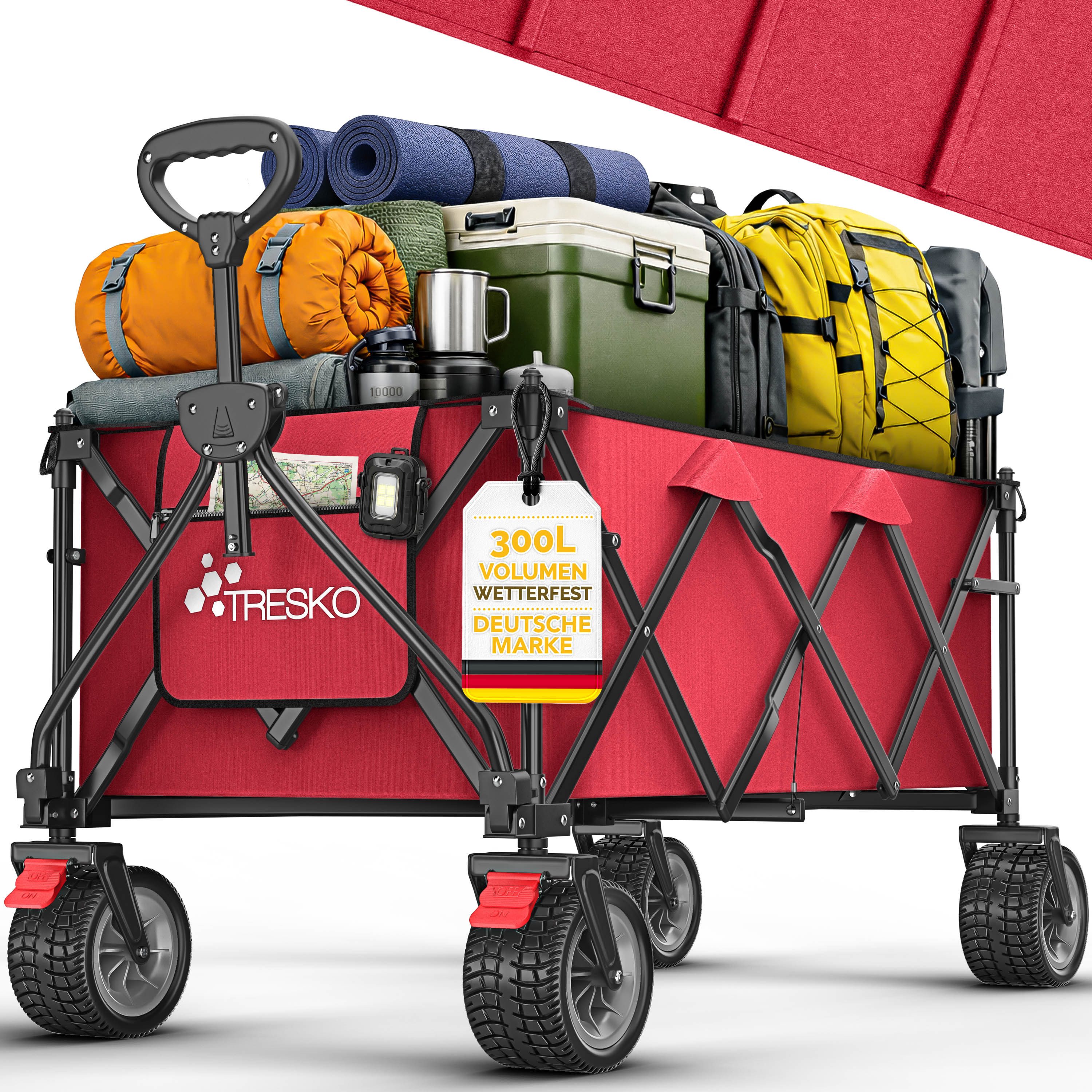 TRESKO Bollerwagen Bollerwagen faltbar 300L mit Bremse Handwagen klappbar 150kg (inkl. Vollgummireifen Faltbarer Strandwagen mit Extra Breite All-Terrain-Räder, Gartenwagen Transportwagen mit Tragetasche)