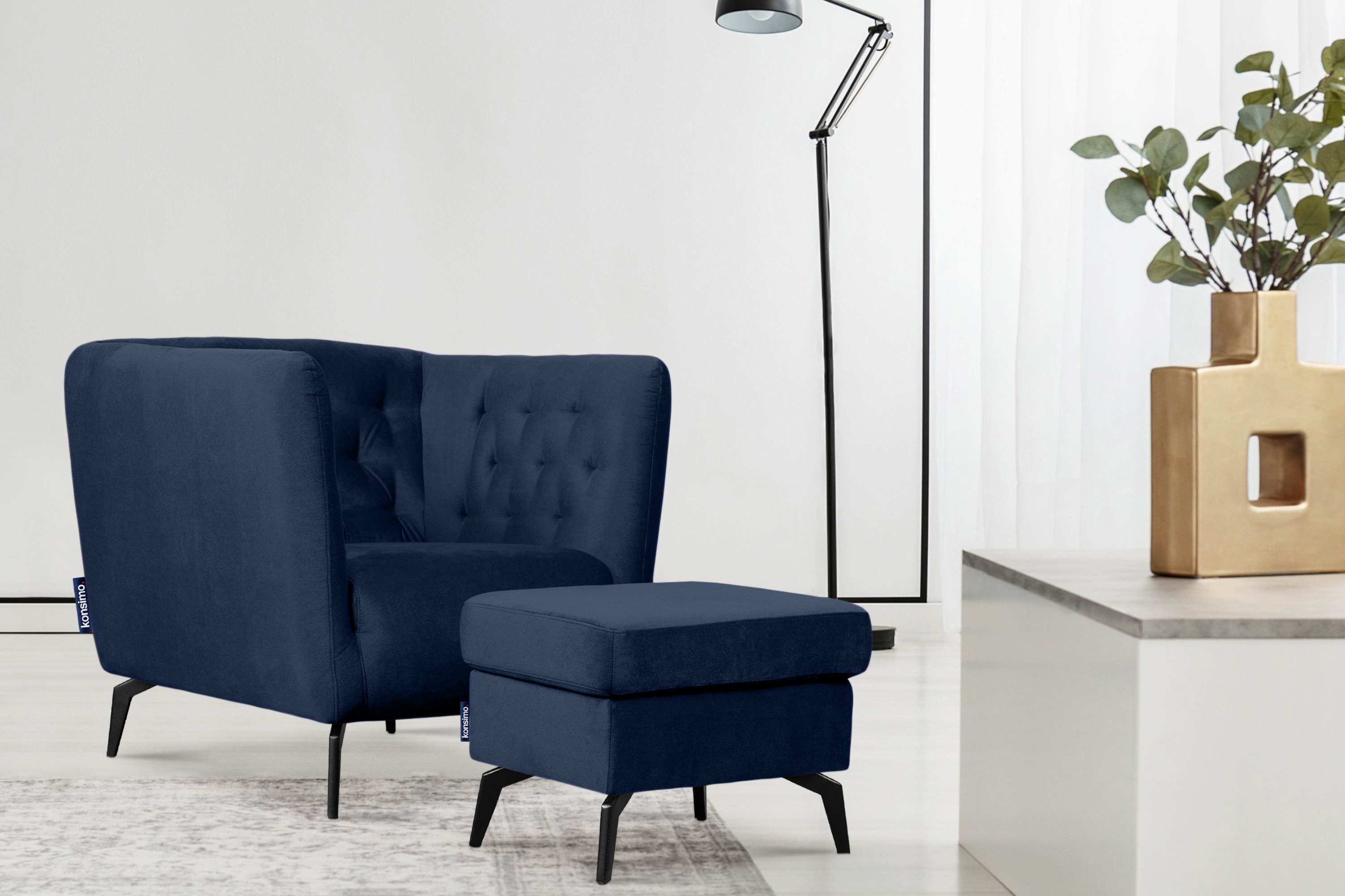 Metallfüßen, | im Sessel marineblau CORDI hohen Gesteppter Konsimo Sitz und marineblau Feder Sessel, gewellte Schaumstoff auf