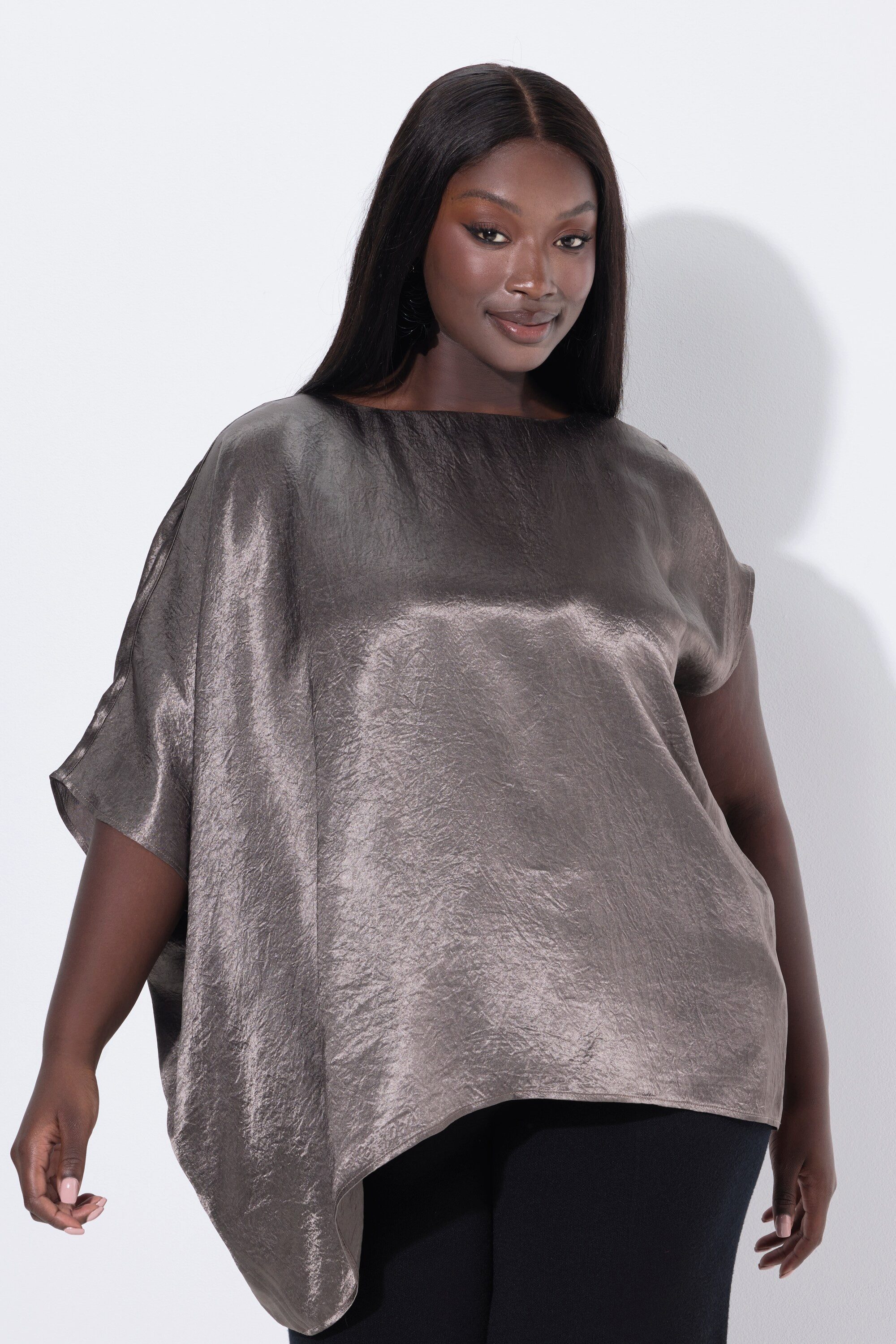 Ulla Popken Spitzenbluse Acetat-Tunika asymmetrisch Rundhals Cape-Fit