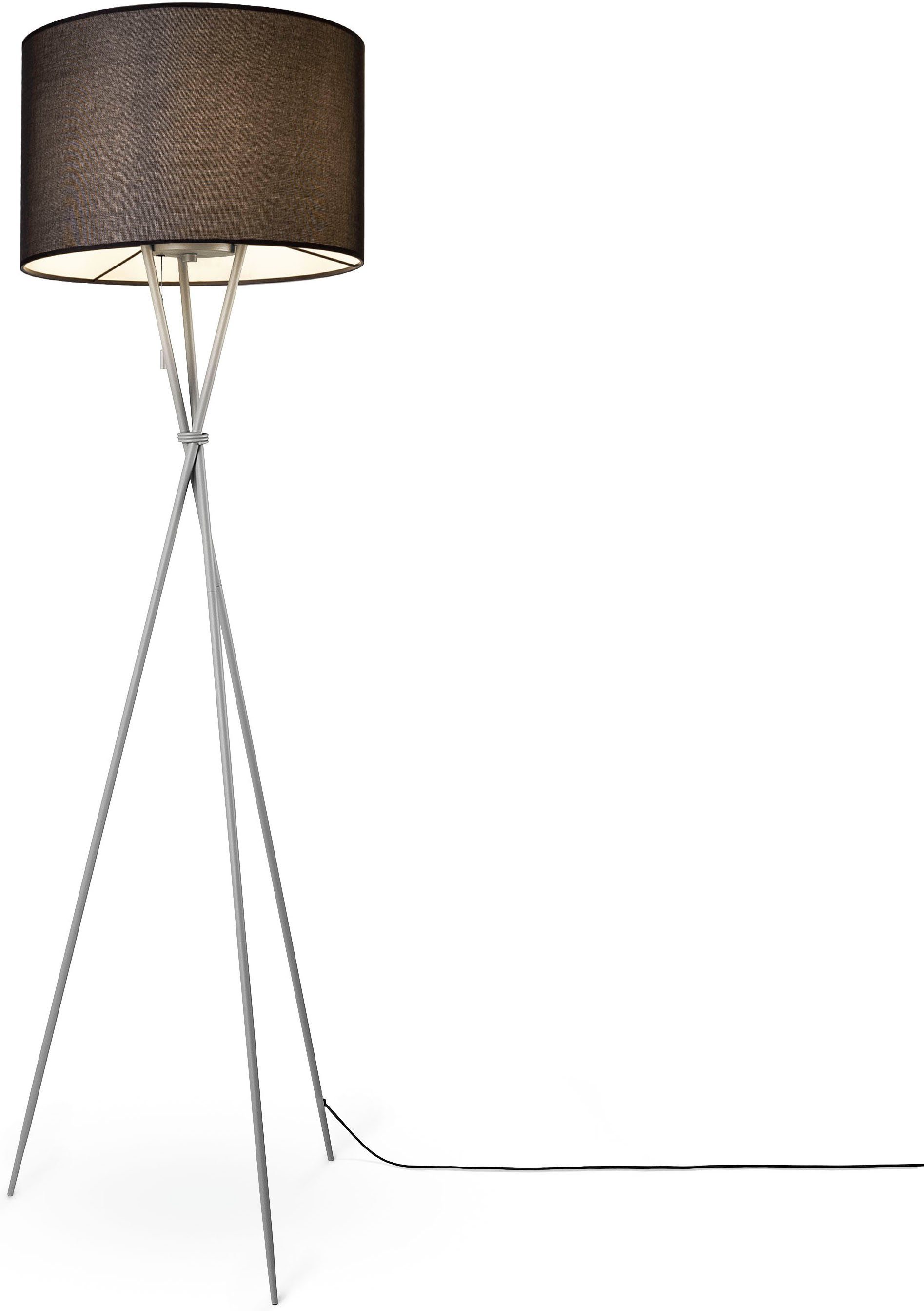 Textil E27 Paco Leuchtmittel, Dreibein grau Home ohne Stehlampe Stoffschirmlampe UNI Wohnzimmer KATE CANVAS Standleuchte Schirm COLOR, schwarz