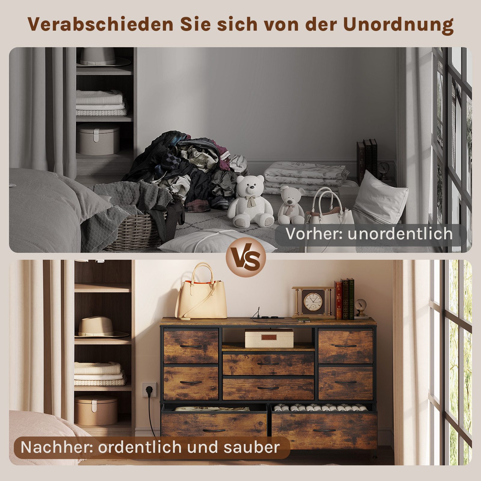 Woltu Kommode (1 St), mit 8 Schubladen, Metallrahmen, Mit Led-Licht, Vintage-Stil
