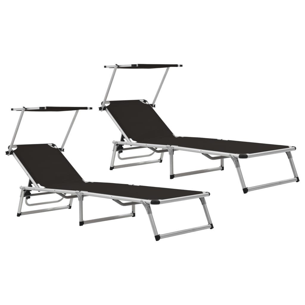 vidaXL Gartenliege Klappbare Sonnenliegen mit Dach 2 Stk. Alu Textilene Schwarz