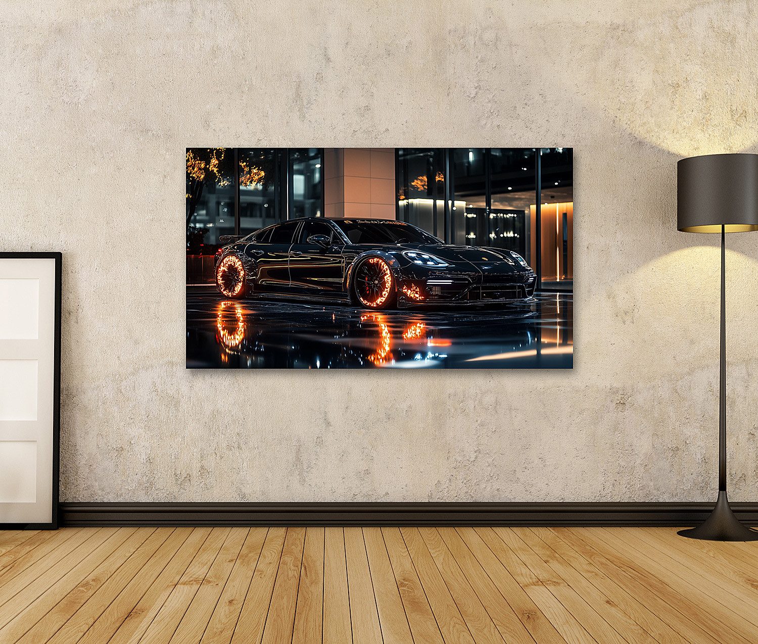 islandburner Leinwandbild, Schwarzes Auto mit leuchtenden Rädern bei Nacht günstig online kaufen