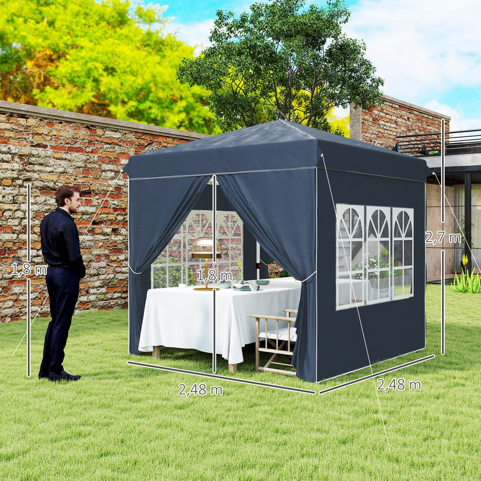 Outsunny Faltpavillon 2,5x2,5m, wasserabweisend stabil winterfest, UV Schutz 50+, faltbar, mit 4 Seitenteilen, (Pop-up Pavillon, Partyzelt), mit 4 Seitenteilen, Tasche, für Camping, Garten, Blau