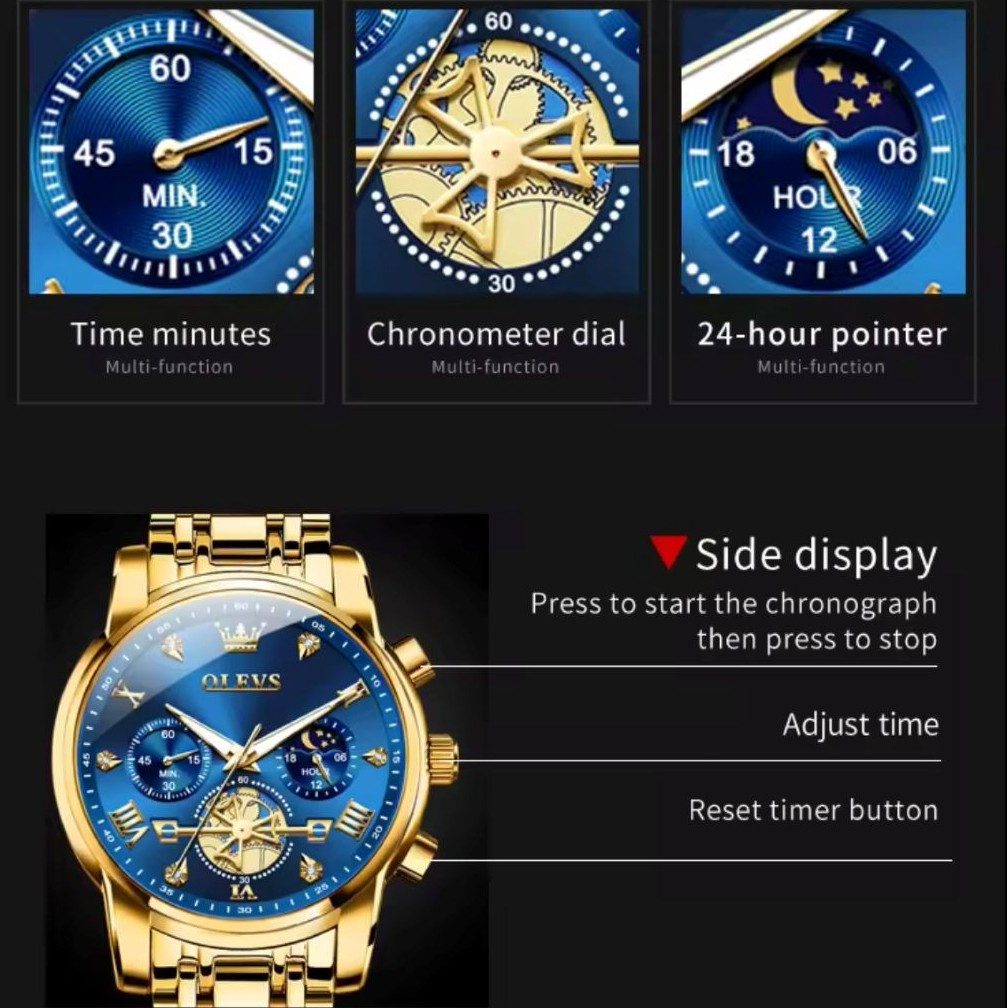 OLEVS Quarzuhr Herrenuhr Olevs Chronograph – Luxuriöses Blau-Gold Design