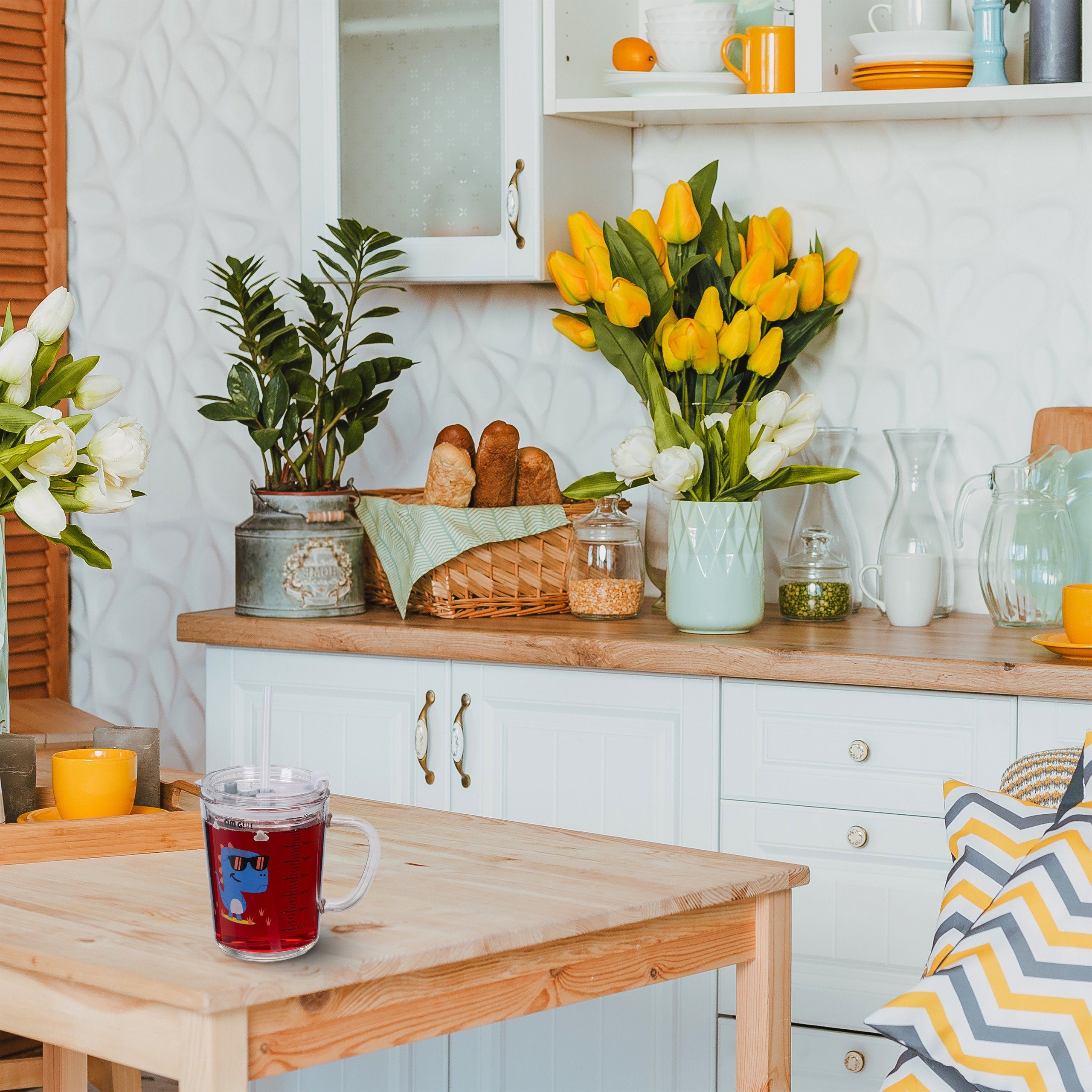 relaxdays Kinderbecher 2er Set Kindergläser mit Dinomotiv, Glas