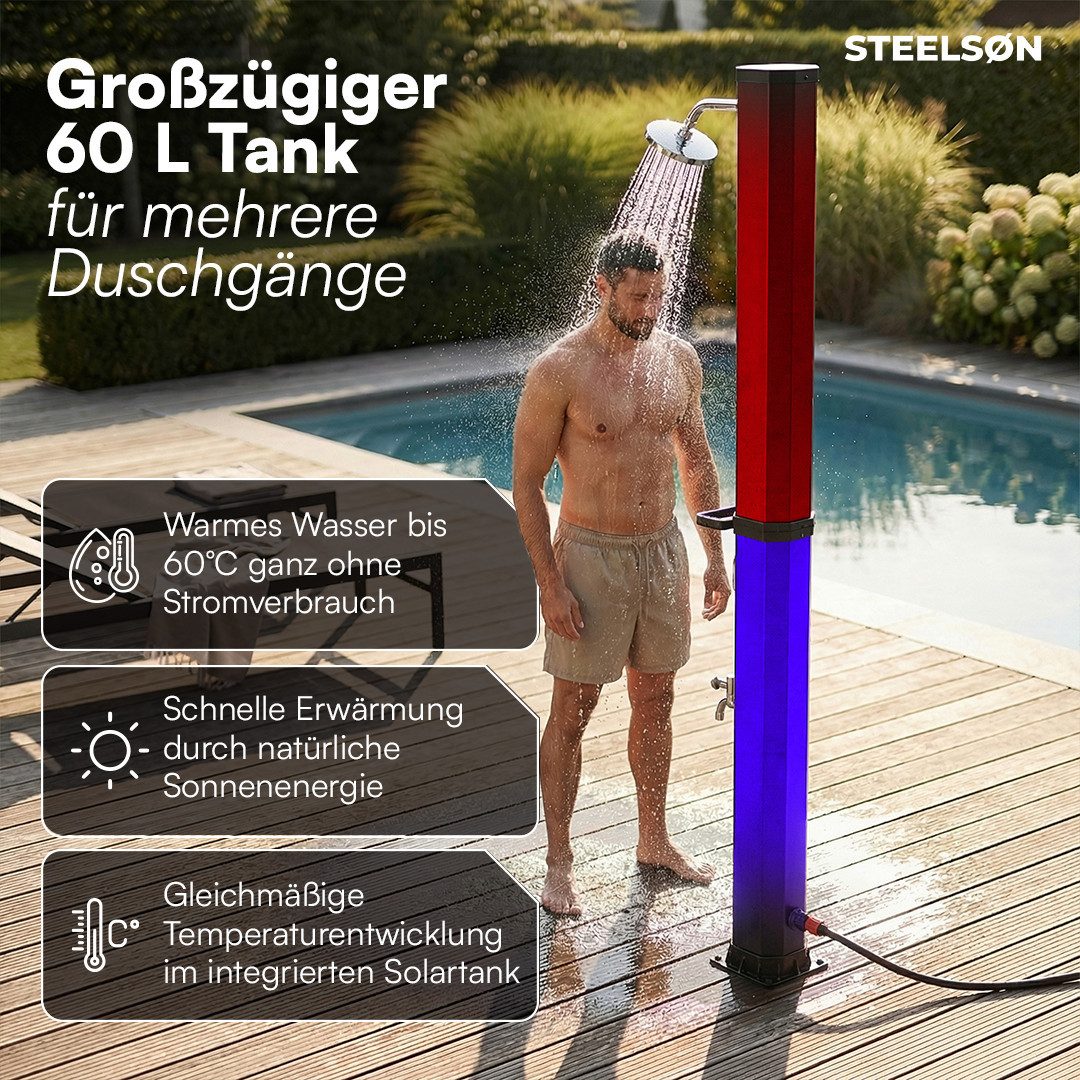 STEELSØN Solardusche Xypher Regendusche bis 60° C inkl. Abdeckhaube (60 L, ohne Boden), Hexagon Gartendusche, wasserfeste Pooldusche, verfügbar mit/ohne Boden