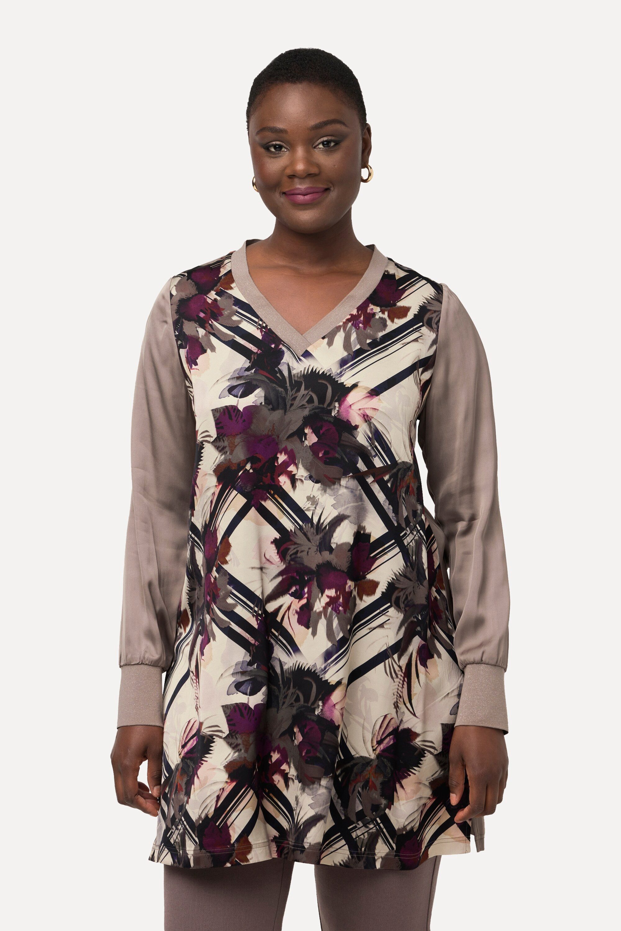 Ulla Popken Tunika Longtunika Satin A-Linie V-Ausschnitt Langarm günstig online kaufen