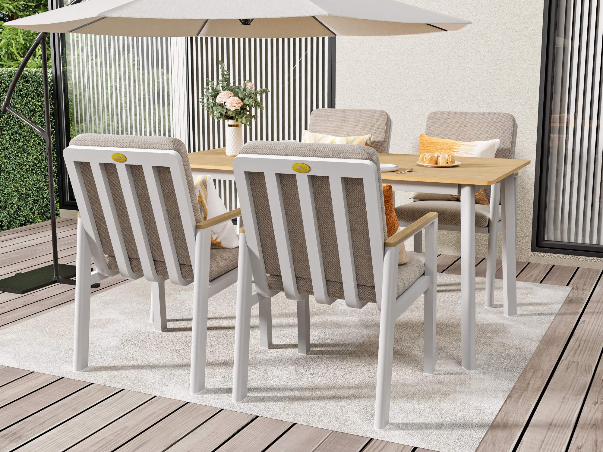 MeXo Gartenlounge-Set Garten Essgruppe für 4 Personen, (Gartenmöbel Set aus Aluminium, 5-tlg., mit PS-Tisch & bequemen Sesseln inkl. Kissen), Ideal für Garten, Terrasse & Balkon