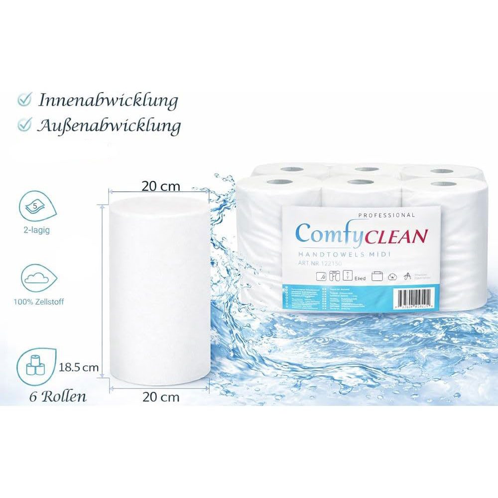 Lauroo Papierhandtuch 6 MIDI Handtuchrolle, Innenabwicklung und Außenabwicklung - Weiß (6-St. 6 Rollen), Innenabwicklung und Außenabwicklung 400 Blatt 2 Lagig