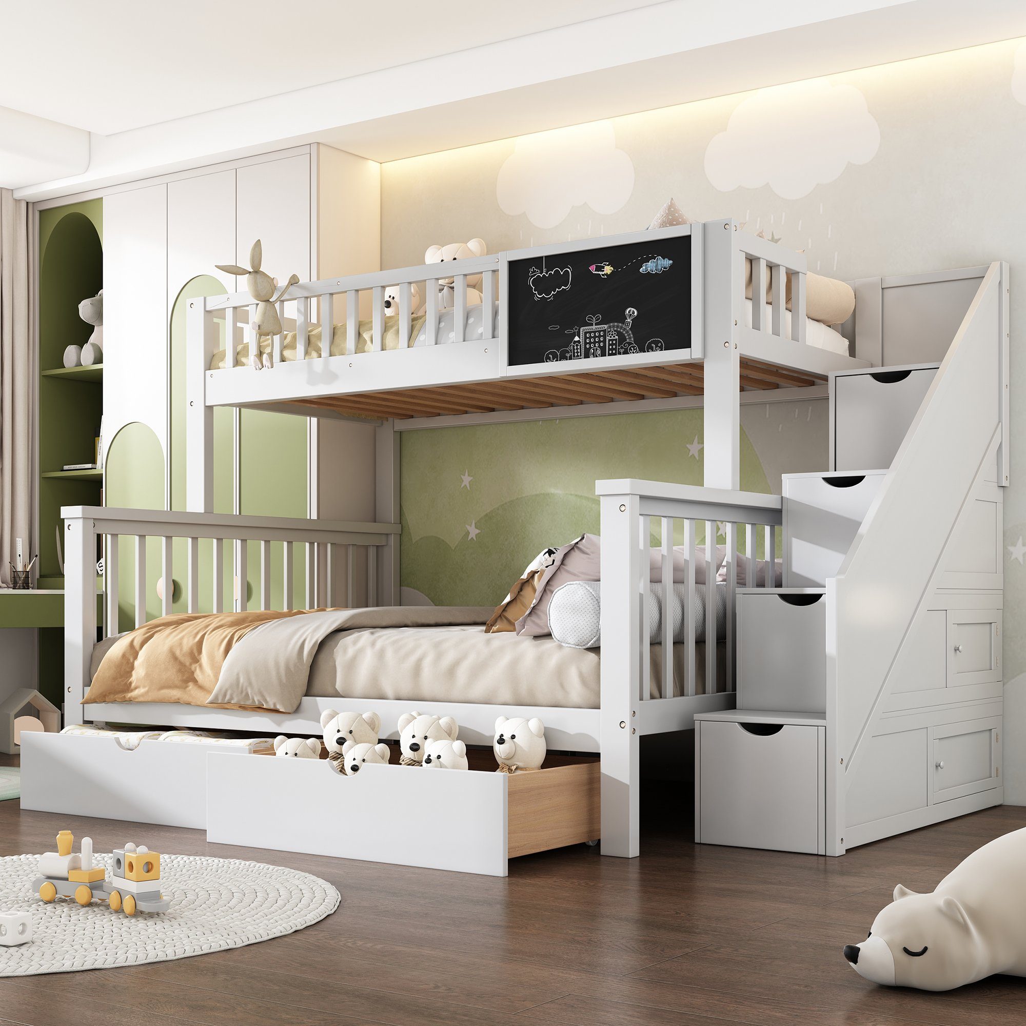 Flieks Etagenbett, Kinderbett mit Tafel Treppe Schubladen 90x200cm+140x200cm weiß