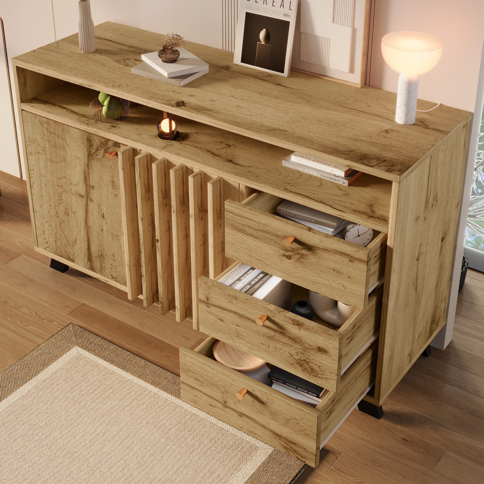 Flieks Kommode mit 3 Schubladen, 2 Türen und verstellbarer Ablagen (1 St., 120x40x85 cm), Sideboard Mehrzweckschrank Holzschrank Eichefarbe