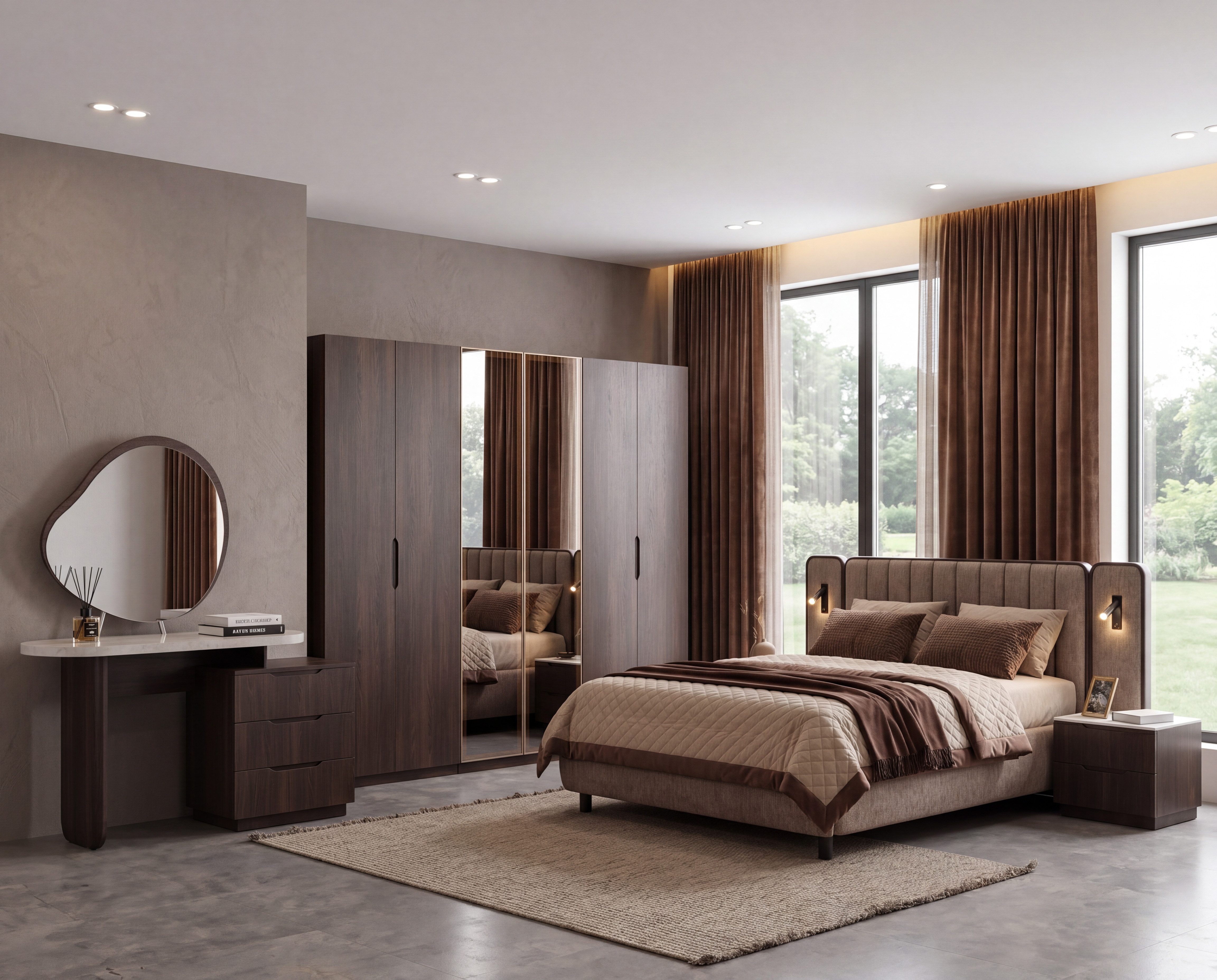 JulietHome Schlafzimmer-Set Lizbon, (Set, Kleiderschrank, Bett, 2 Nachttische, Schminktisch mit Spiegel & Hocker), Bettkasten und integrierte Bettlampen