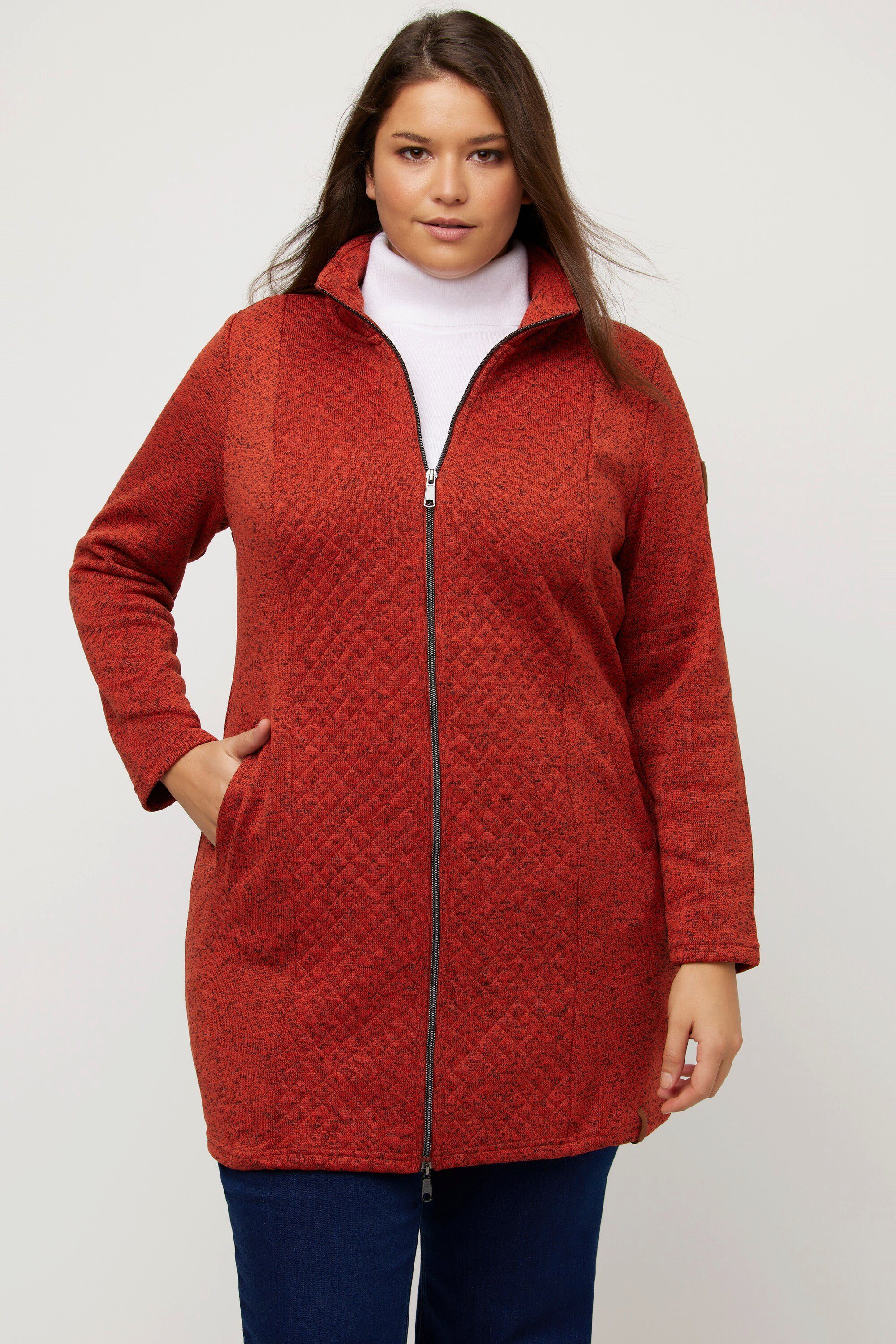 Ulla Popken Sweatjacke Strickfleece-Jacke lange Form Stehkragen terracotta