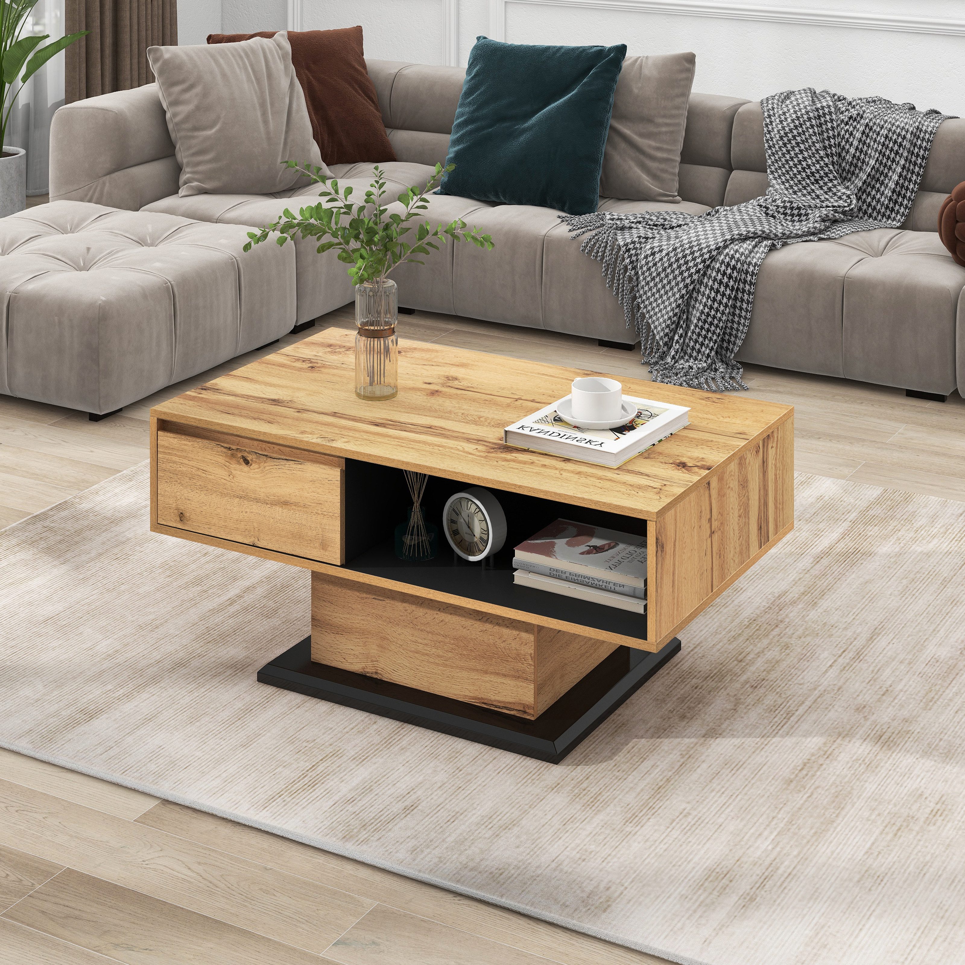 REDOM Couchtisch Couchtisch mit Stauraum – Melaminbeschichteter Schrank (Elegant Gemasert, 100x47x60 cm), Eichenholzoptik
