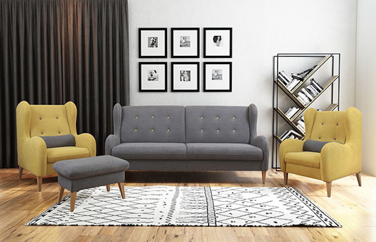 Feldmann-Wohnen Polstergarnitur Lathi, Farbe wählbar 4-teilig bestehend aus  Sofa, 2 Sessel und Hocker mit Schlaffunktion und Bettkasten