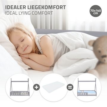 ML-DESIGN Kinderbett Hausbett mit Rausfallschutz und Lattenrost Massivholz, Bett 70x140 Hellgrau aus Kiefernholz Spielbett Zelt mit Zaun