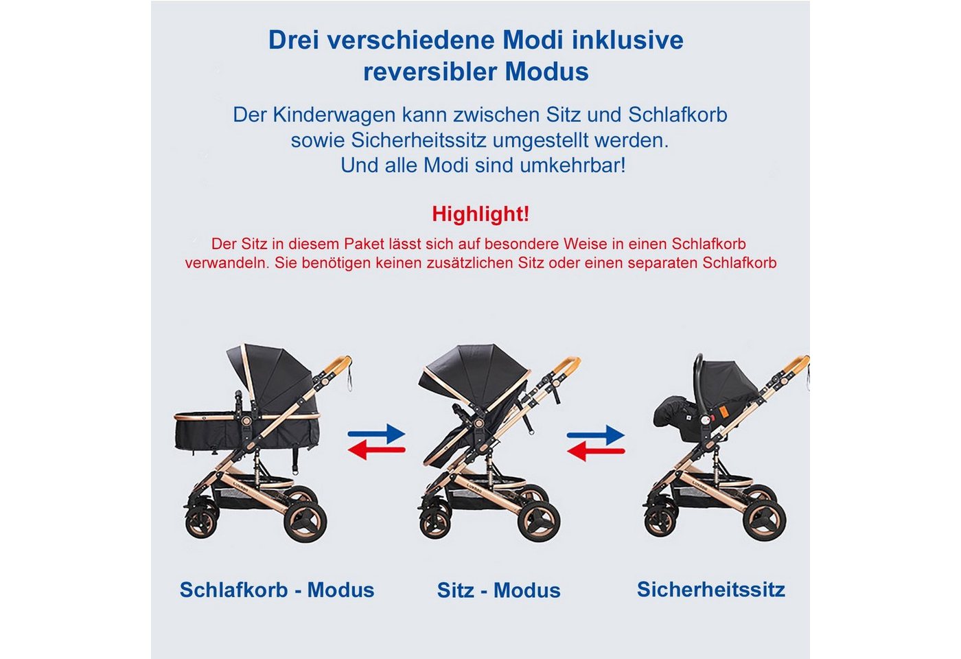 Thumbnail - TPFLiving Kombi-Kinderwagen Baby Buggy Babyschale Babywanne 5-Punkt-Sicherheitsgurt Getränkehalter, Sicherheitsschlaufe ...